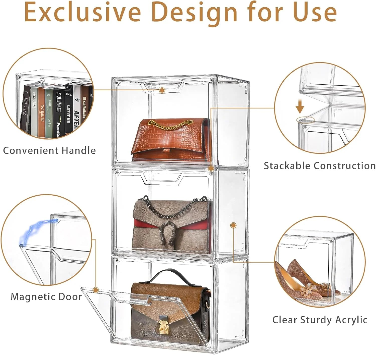 3 Pack Clear Storage Bins with Lids Storage Containers with Magnetic Door Stackable Acrylic Display Case for Handbags Cosmetic Multifunctional Storage Boxes for Dorm Living Room Bedroom Storage – Stackable Organization with Functional, Easy-Use Details