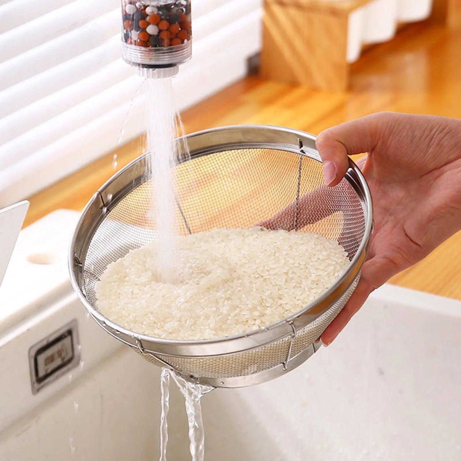 Stainless Steel Rice Washing Bowl Fine Mesh Strainer Large Colander for Fruits and Vegetables – Durable Stainless Steel Construction with Functional, Easy-Use Details