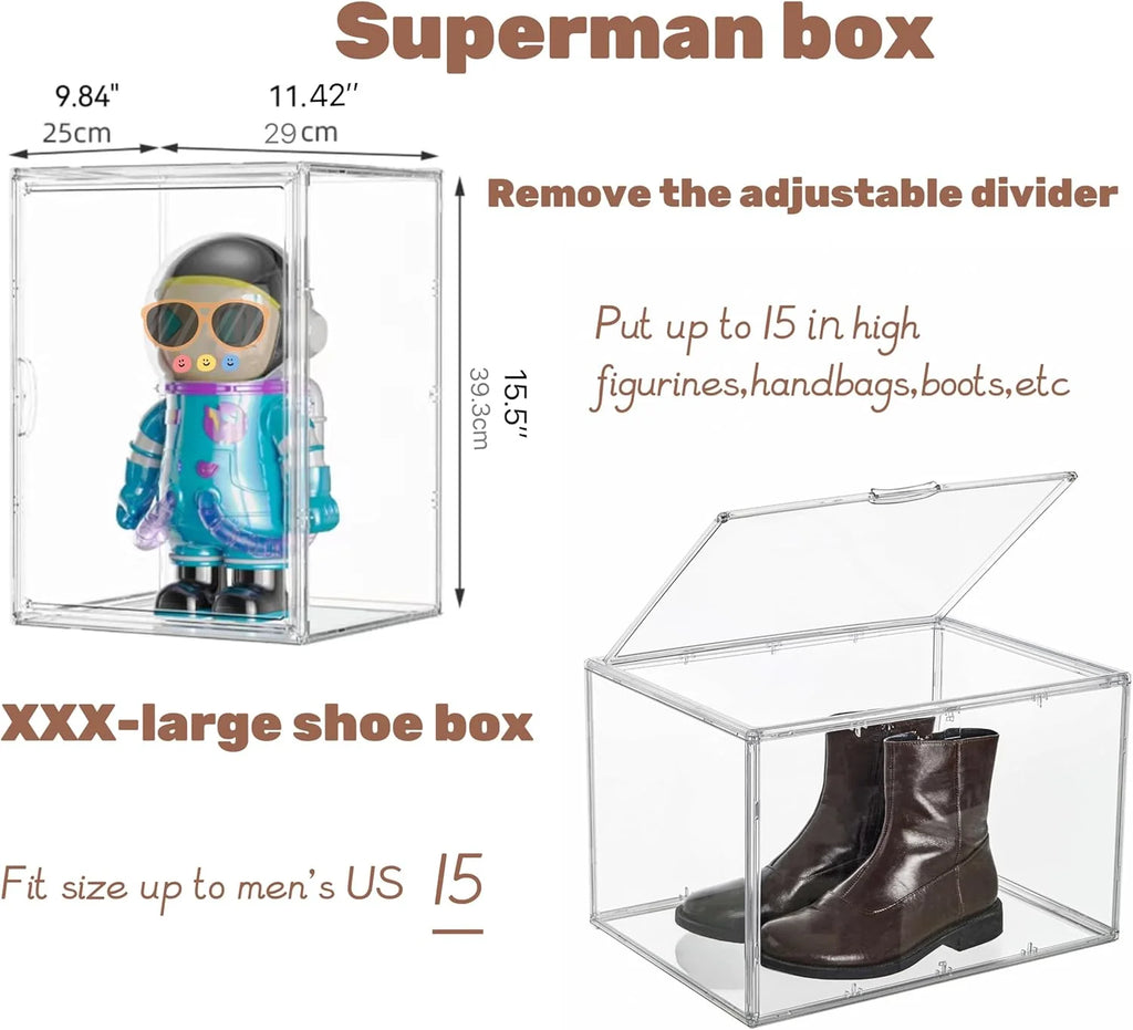 XXX-Large Clear Acrylic Display Case Boot Shoe Storage Boxes With An Adjustable Divider,2 Pack 2 Tiers Clear Plastic Stackable Storage Bins With Lids Big Display Acrylic Box With Magnetic Door – Everyday Household Format with Functional, Easy-Use Details