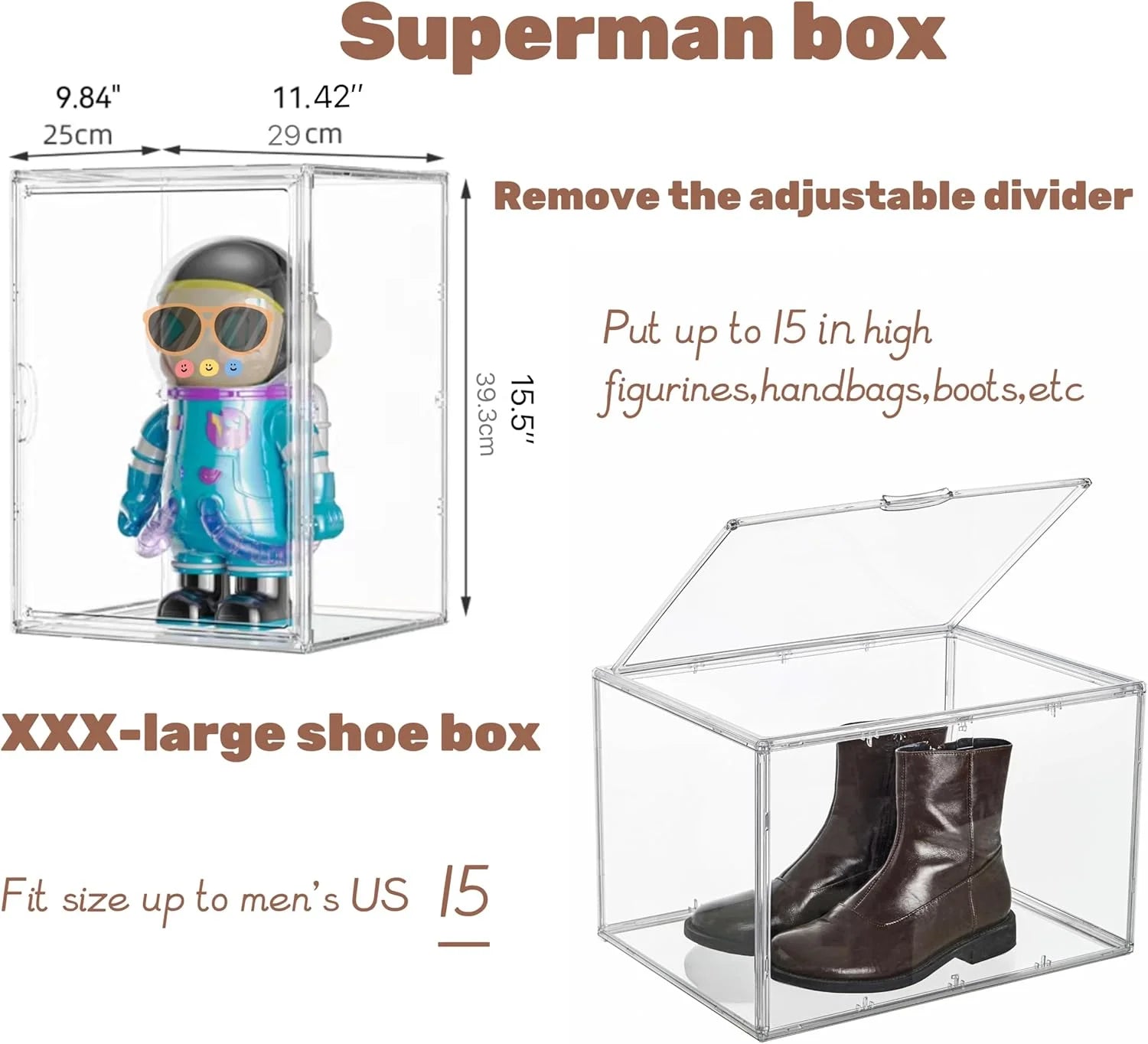 XXX-Large Clear Acrylic Display Case Boot Shoe Storage Boxes With An Adjustable Divider,2 Pack 2 Tiers Clear Plastic Stackable Storage Bins With Lids Big Display Acrylic Box With Magnetic – Multiroom Organization Format with Functional, Easy-Use Details
