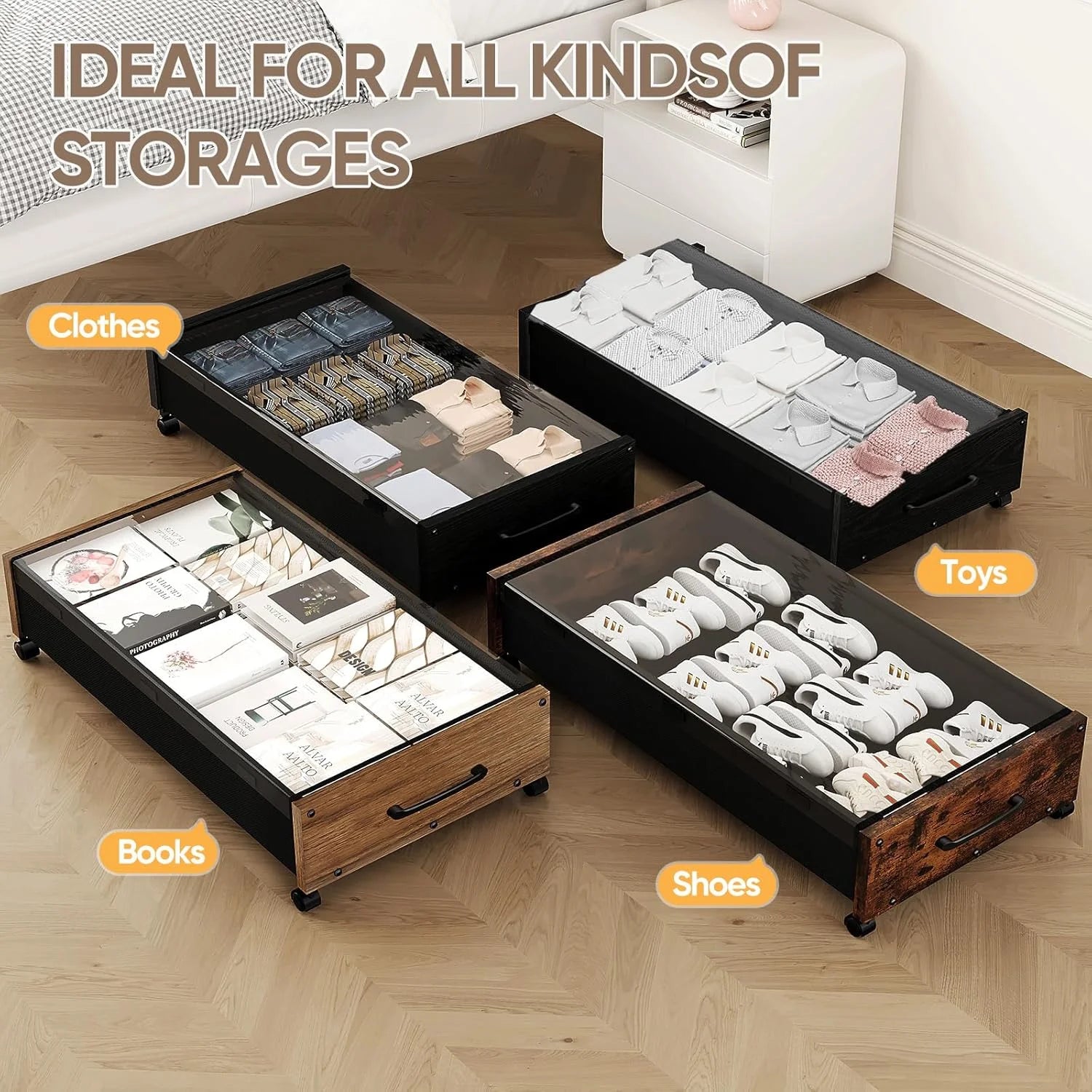 Wooden Under Bed Storage with Wheels Rolling Under the Bed Storage Bins with Removable Lid Metal Under Bed Drawers for Clothes and Shoes in Bedroom or Living Room(Black Wood-2pack) – Easy-Roll Mobility with Functional, Easy-Use Details