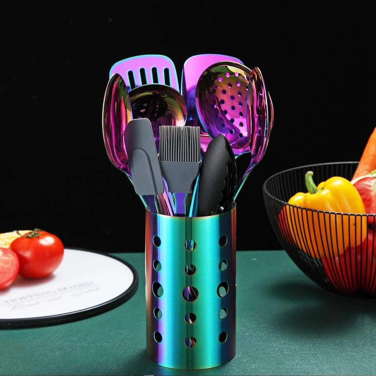 Rainbow Kitchen Utensil Set 13-Piece Stainless Steel Cookware Set Titanium Rainbow Plating Kitchen Tool Set with Cutlery Holder Suitable for Non-stick Cookware Dishwasher Suitable – Durable Stainless Steel Construction with Functional, Easy-Use Details
