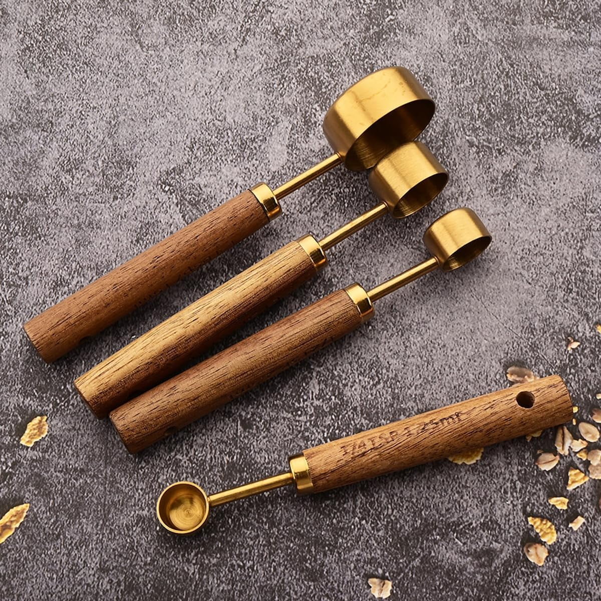 8 pieces Golden Measuring Cups Set and Measuring Spoons Set with Scale Wooden Handle Stainless Steel Dry & Liquid Measuring Cup for Cooking Baking – Convenient Carry Handles with Functional, Easy-Use Details