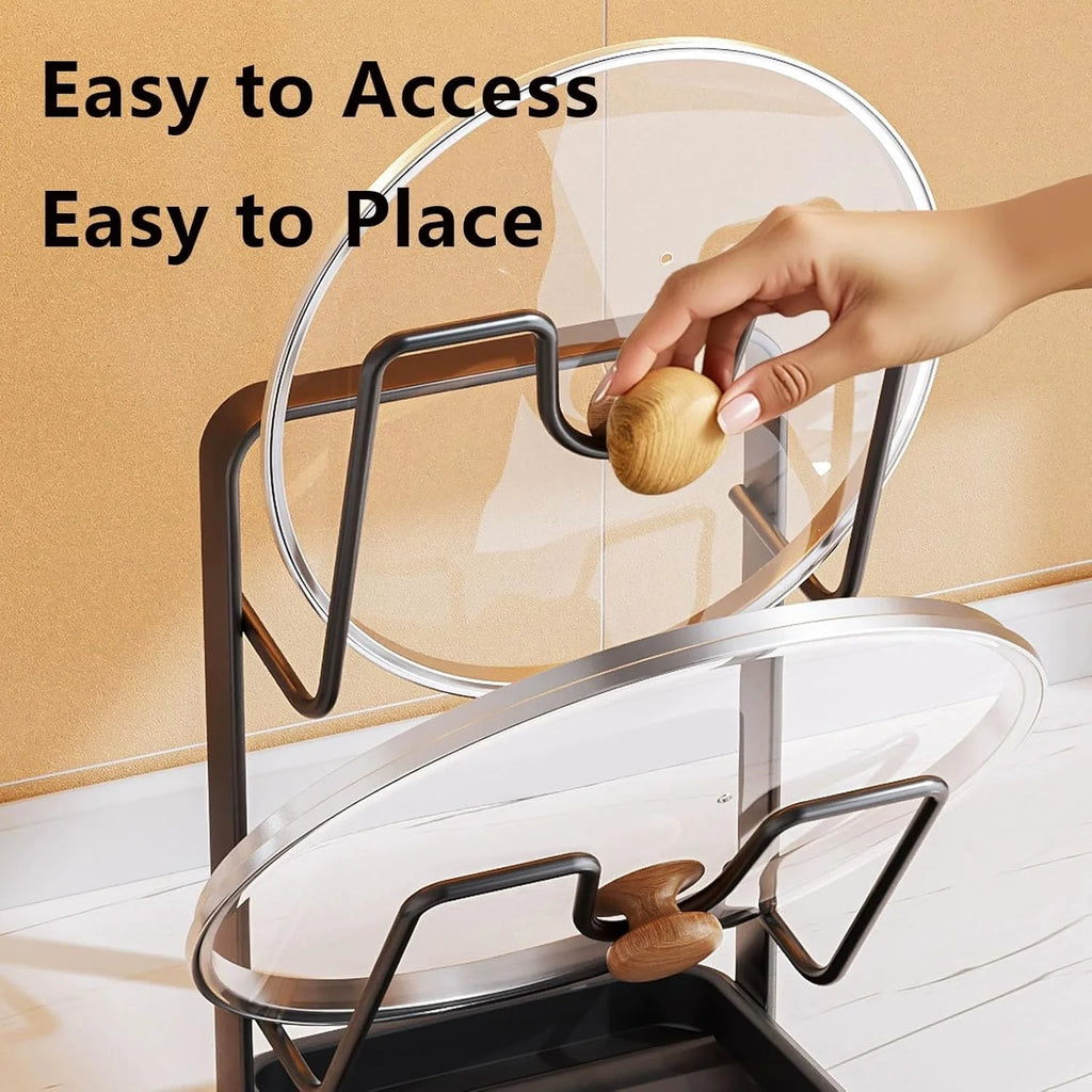Kitchen Pot Lid Storage Rack 304 Stainless Steel Pot Lid Holder While Cooking Multifunctional Kitchen Pot Cover Organizer for Countertop With Removable Drip Tray – Durable Stainless Steel Construction with Functional, Easy-Use Details