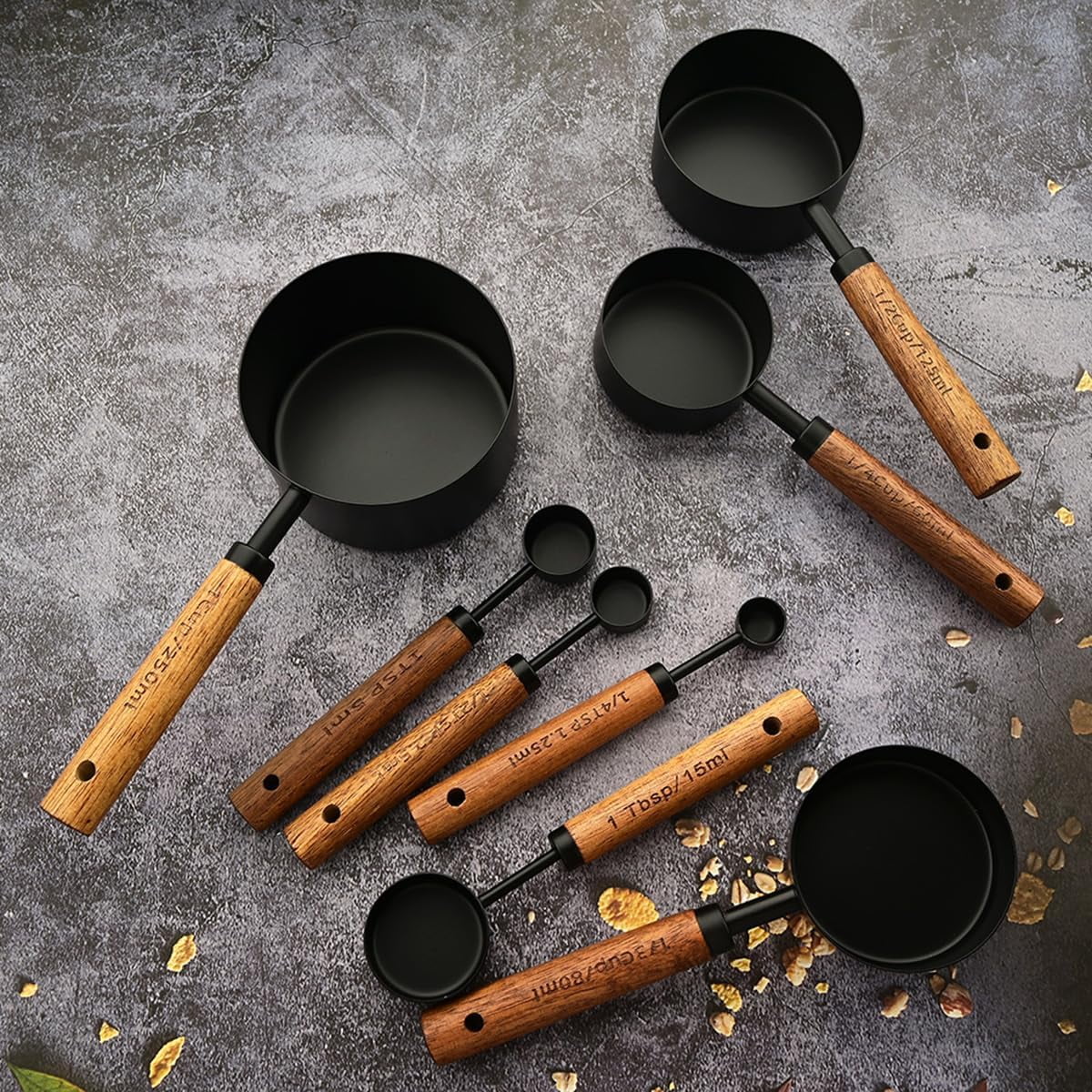 8 pieces Black Measuring Cups Set and Measuring Spoons Set with Scale Wooden Handle Stainless Steel Dry & Liquid Measuring Cup for Cooking Baking – Convenient Carry Handles with Functional, Easy-Use Details