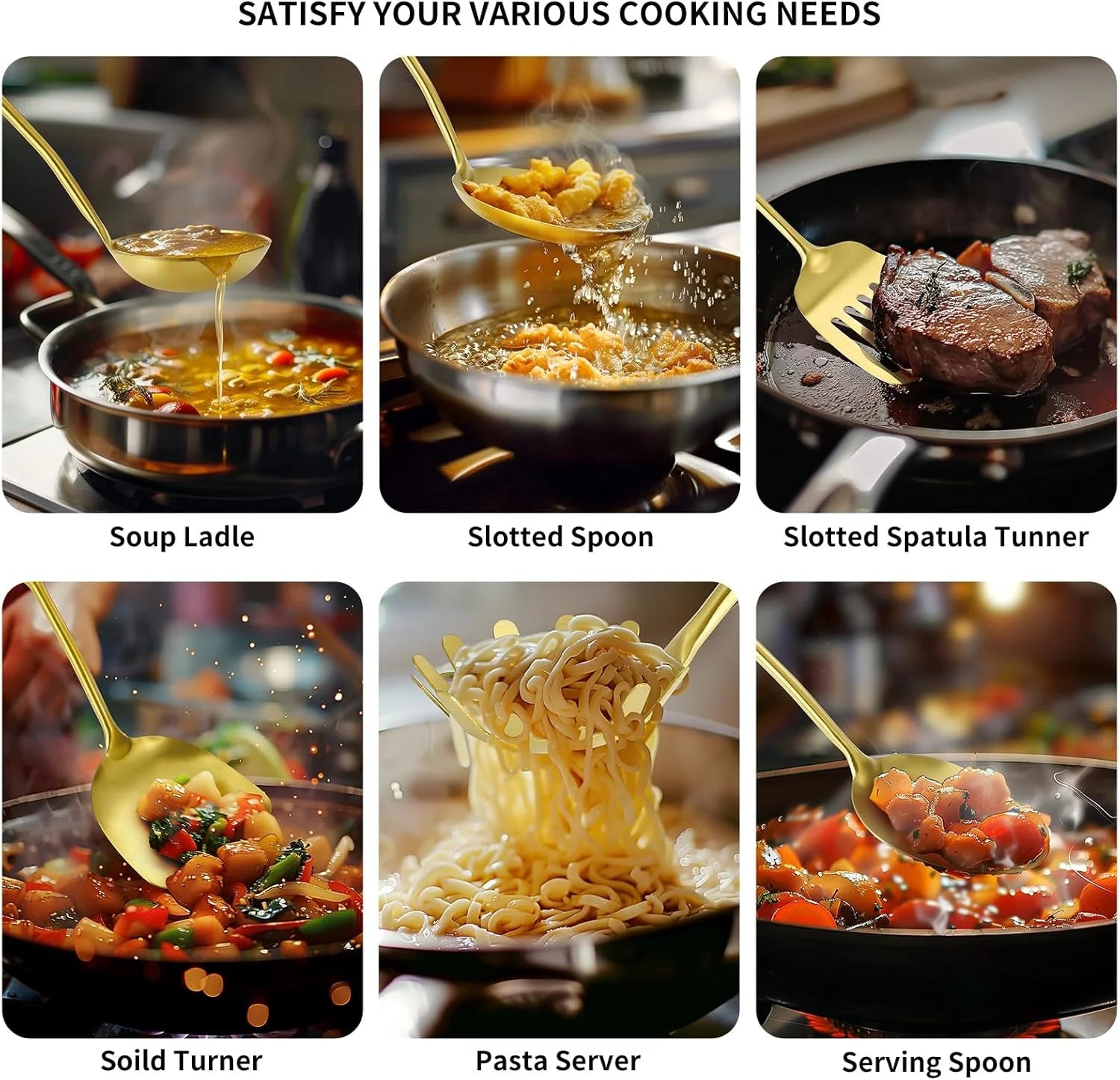 304 Stainless Steel Cooking Utensils,6 Pcs Kitchen Cooking Utensils Set with Spatula Solid Spoon Ladle Skimmer Spaghetti Spoon,Dishwasher Suitable(Gold) – Durable Stainless Steel Construction with Functional, Easy-Use Details