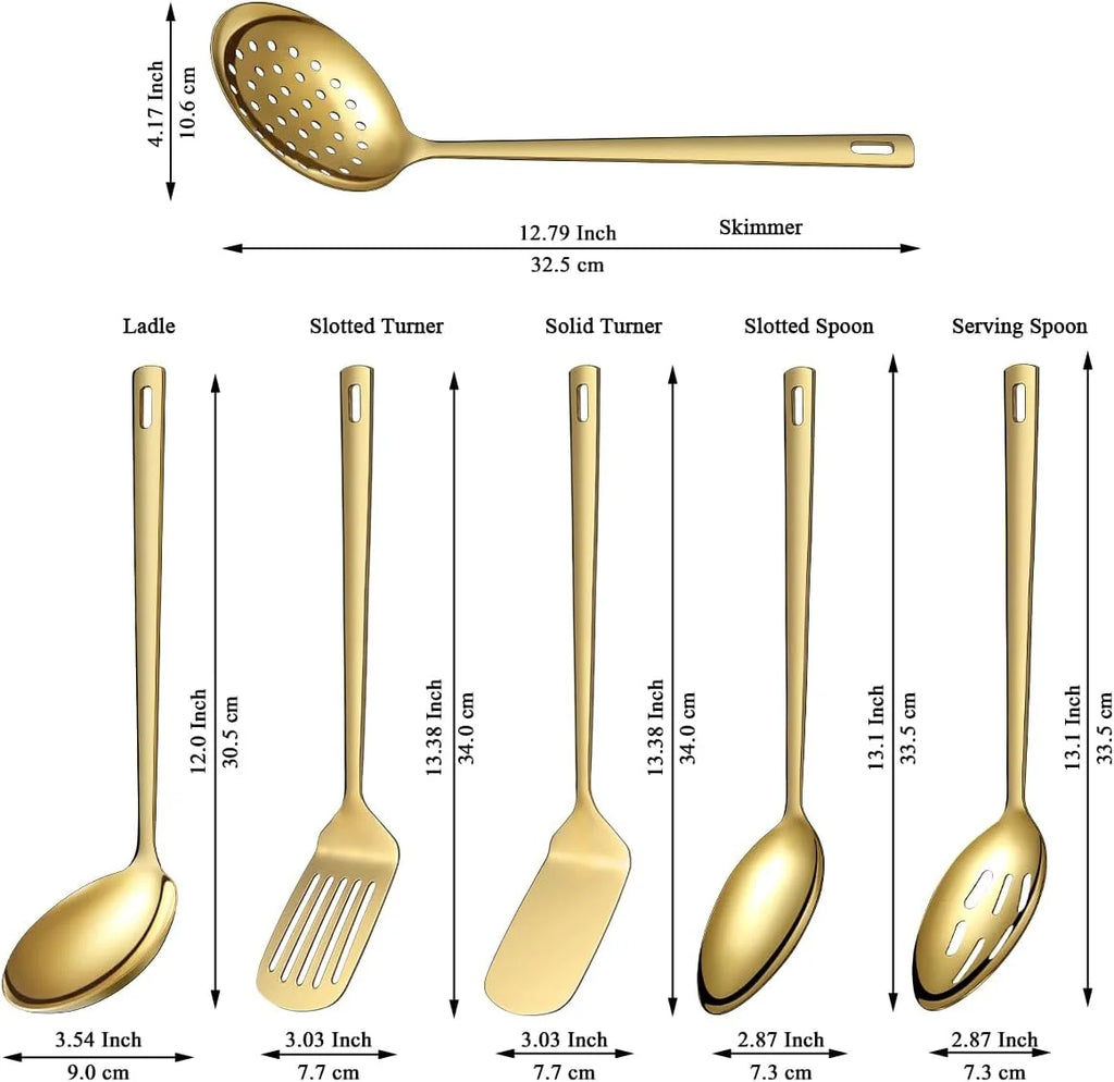Gold Kitchen Utensils Set 6pcs Titanium Plating Stainless Steel Cooking Utensils Set Heavy Duty Kitchen Tools Spatulas Set Home Essentials Kitchen Gadgets Accessories – Durable Stainless Steel Construction with Functional, Easy-Use Details