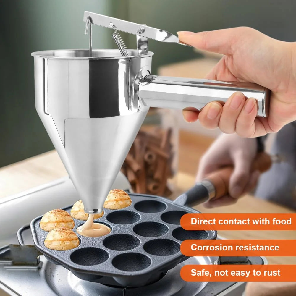 Stainless Steel Pancake Batter Dispenser with Squeeze Handle Kitchen Funnel Tools Pancake Dispenser for Pancakes Cupcakes Takoyaki and Baked Goods – Convenient Carry Handles with Functional, Easy-Use Details