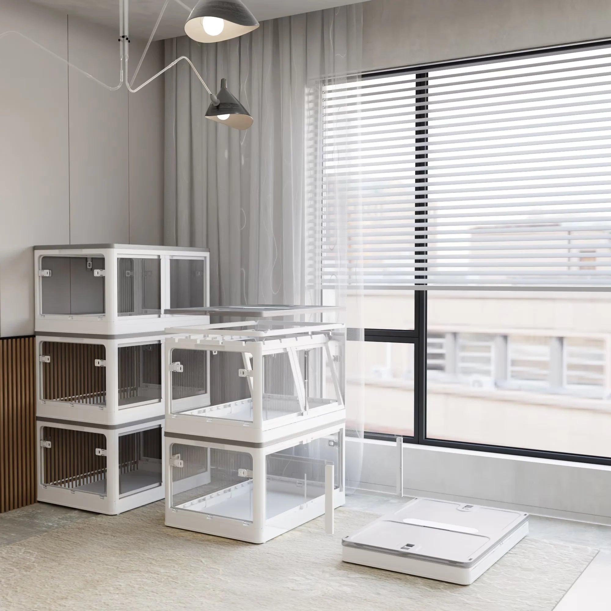 384QT 3-Pack Transparent Stackable Storage Bins with 5 Doors to Open with Wheels Folding Plastic Craft Containers Large Closet Organizers Box for Bedrooms Living Rooms Study Kids' Toys White – Stackable Organization with Functional, Easy-Use Details