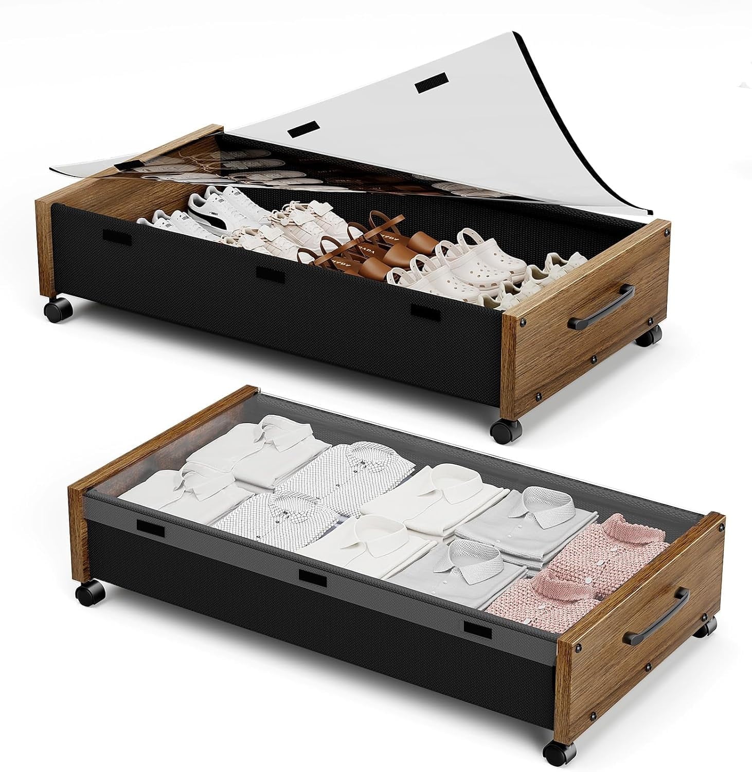 Wooden Under Bed Storage with Wheels Rolling Under the Bed Storage Bins with Removable Lid Metal Under Bed Drawers for Clothes and Shoes in Bedroom or Living Room(Black Wood-2pack) – Easy-Roll Mobility with Functional, Easy-Use Details