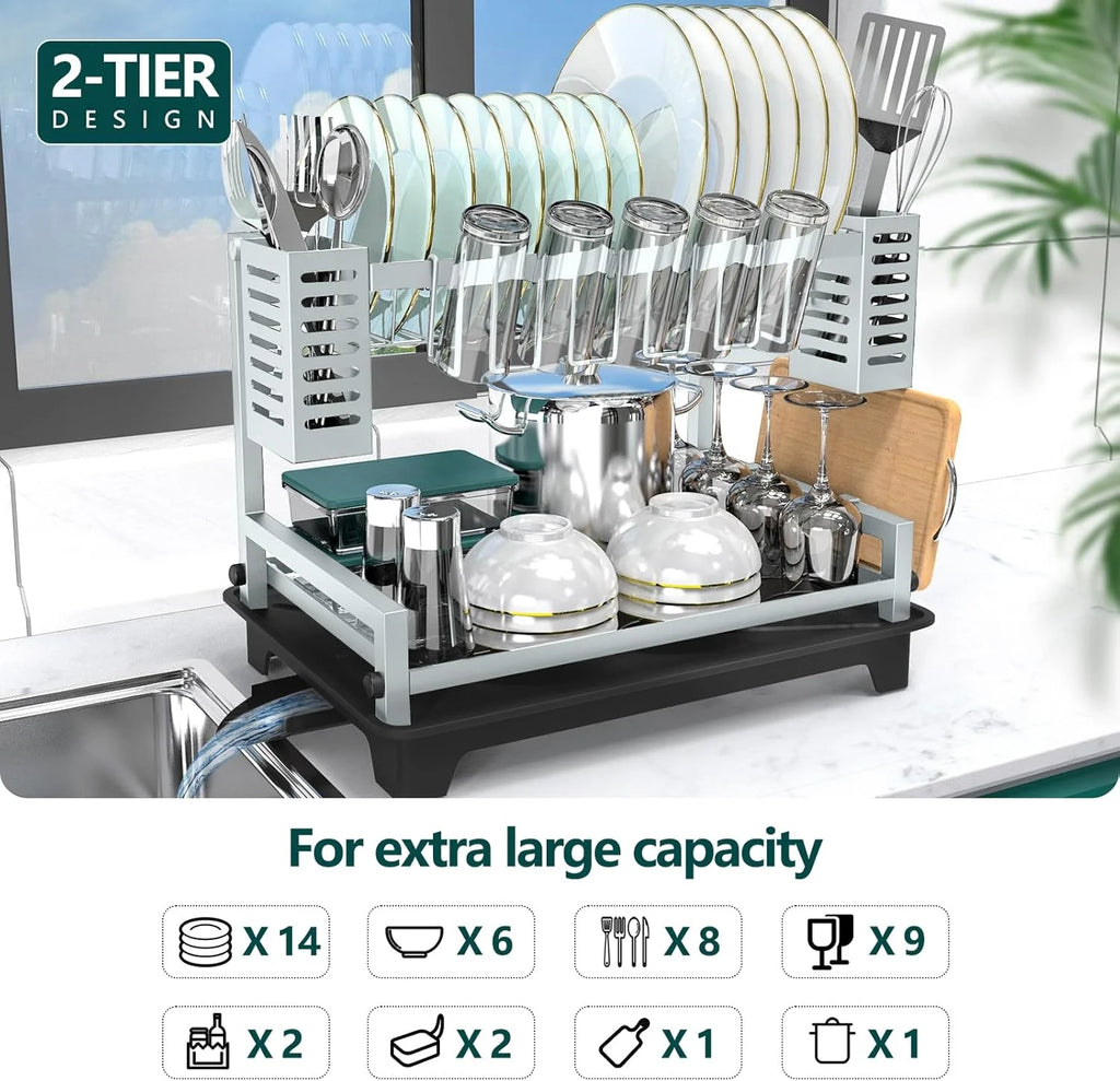 Dish Drying Rack: 2 Tier Dish Racks for Kitchen Counter and Sink - Large Dish Drying Rack with Drainboard & Utensil Holders - Stainless Steel Dish Drainers Kitchen Organization and – Durable Stainless Steel Construction with Functional, Easy-Use Details
