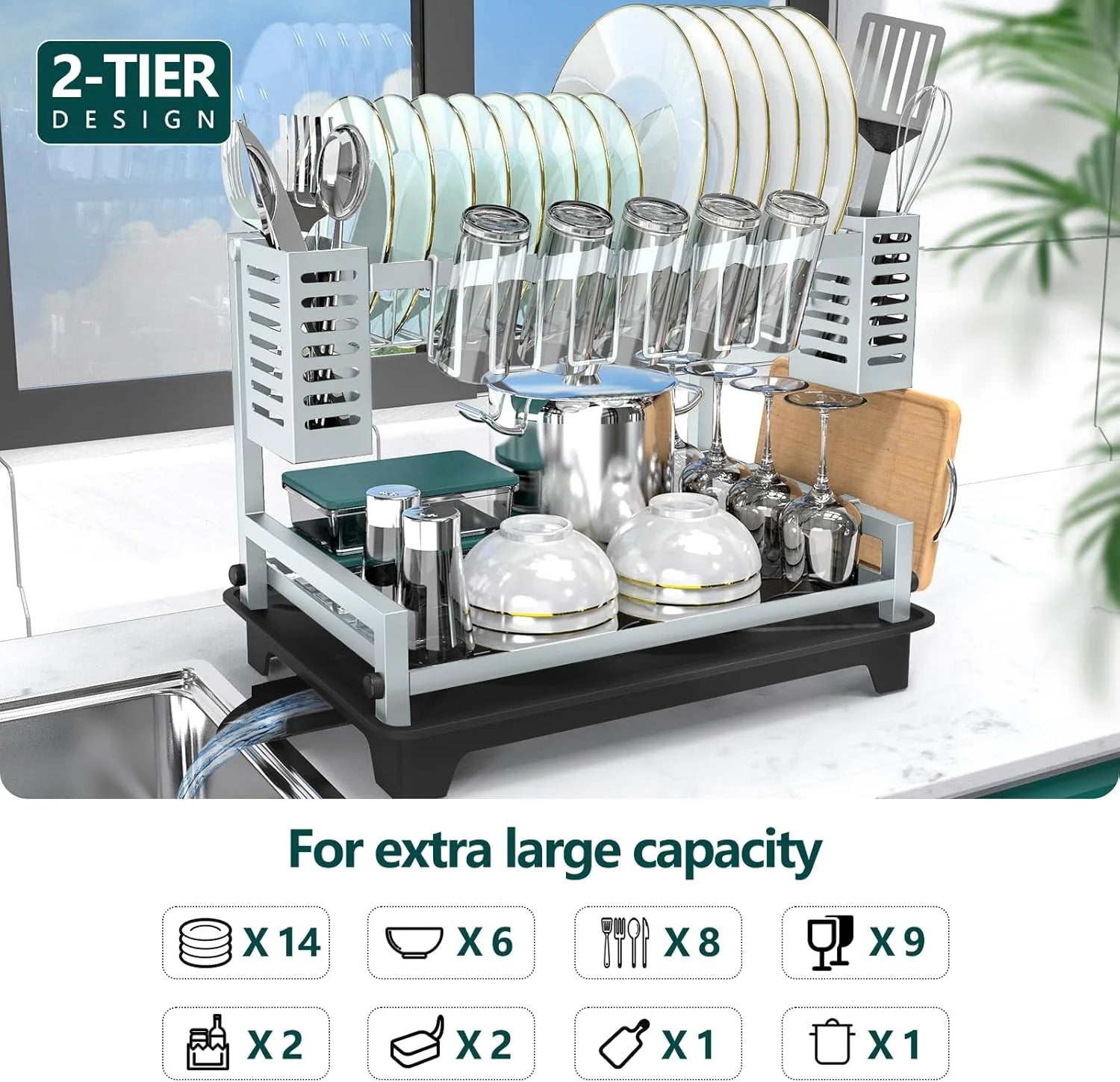 Dish Drying Rack: 2 Tier Dish Racks for Kitchen Counter and Sink - Large Dish Drying Rack with Drainboard & Utensil Holders - Stainless Steel Dish Drainers Kitchen Organization and – Durable Stainless Steel Construction with Functional, Easy-Use Details