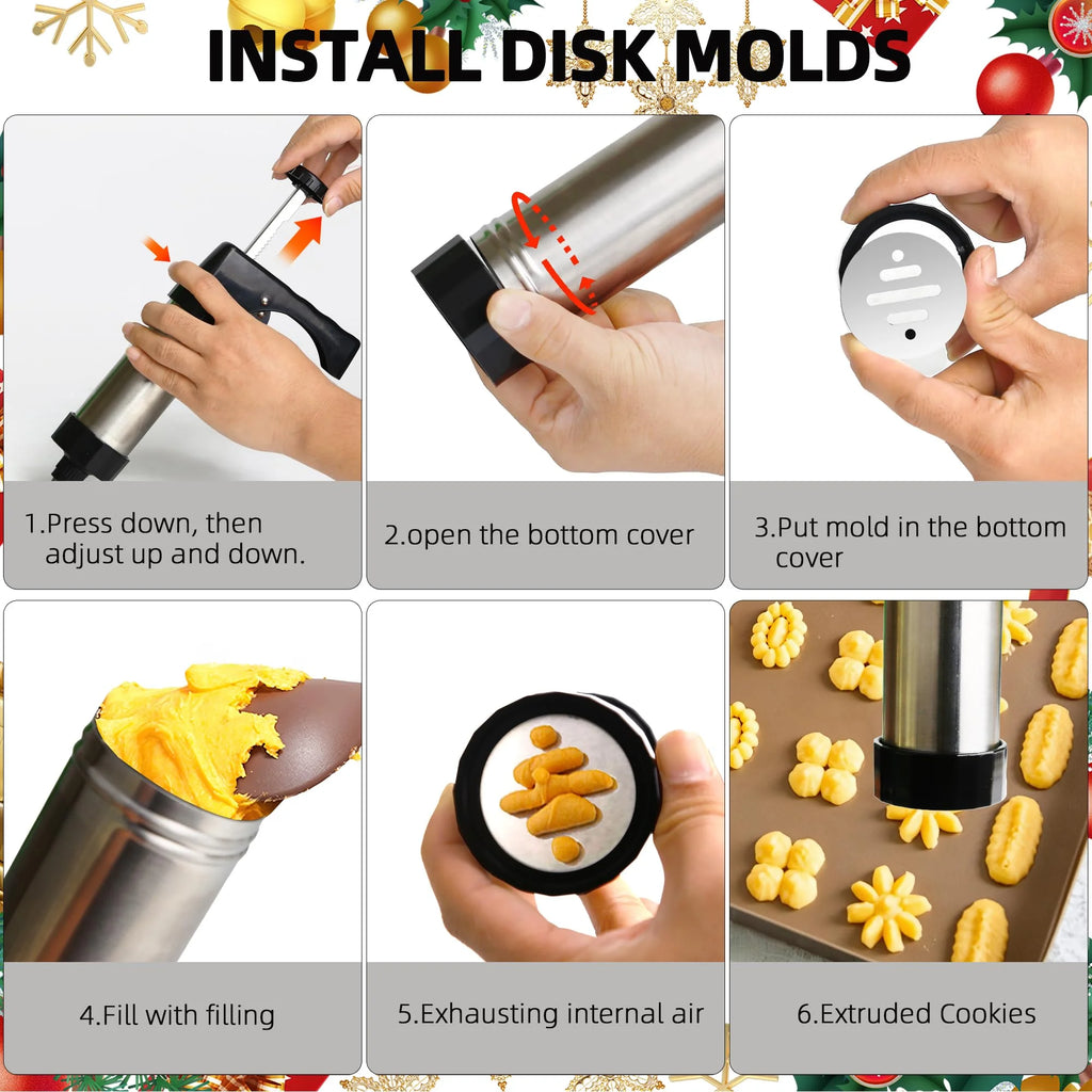 Stainless Steel Cookies Press Cookies Press for Baking,Cookie Press Gun Kit with 13 Cookie Discs and 8 Piping Tips for DIY cake Maker Decorating Baking Supplies – Durable Stainless Steel Construction with Functional, Easy-Use Details