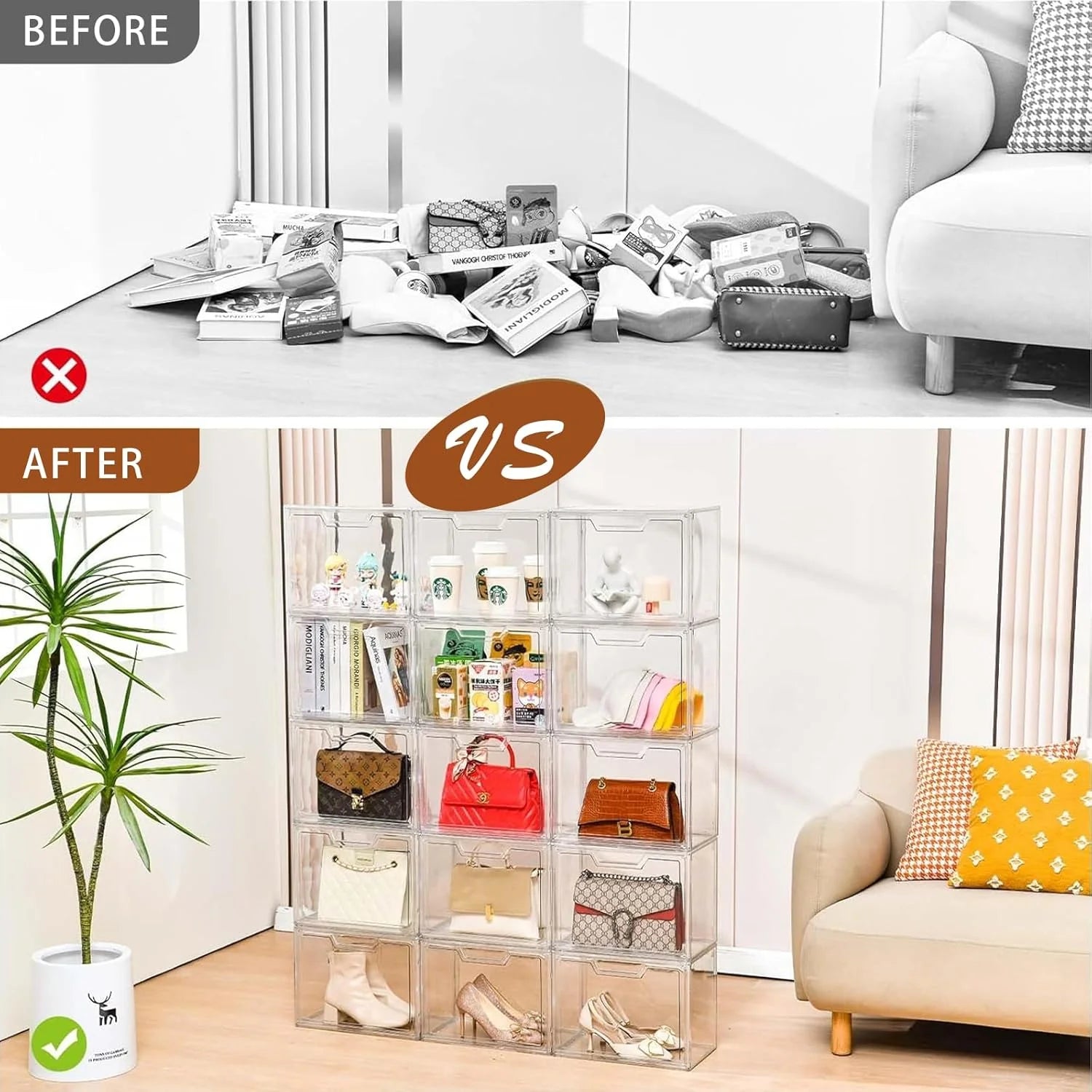 3 Pack Clear Storage Bins with Lids Storage Containers with Magnetic Door Stackable Acrylic Display Case for Handbags Cosmetic Multifunctional Storage Boxes for Dorm Living Room Bedroom Storage – Stackable Organization with Functional, Easy-Use Details