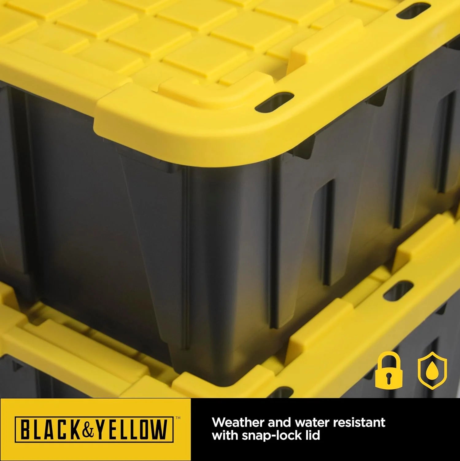 BLACK & YELLOW 27-Gallon Heavy Duty Tough Storage Container & Snap-Tight Lid (14.3"H x 20.6"W x 30.6"D) Weather-Resistant Design and Stackable Organization Tote [4 Pack] – Stackable Organization with Functional, Easy-Use Details