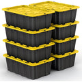 8 PACK of Medium 12 Gallon Plastic Storage Bin Tote Organizing Container with Ultra Durable Secure Latching Lids Stackable Extra Strength Clear with Built in Handle - Black and Yellow – Stackable Organization with Functional, Easy-Use Details