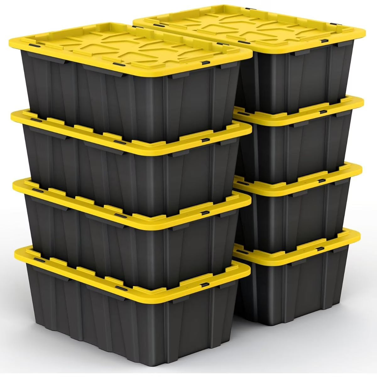 8 PACK of Medium 12 Gallon Plastic Storage Bin Tote Organizing Container with Ultra Durable Secure Latching Lids Stackable Extra Strength Clear with Built in Handle - Black and Yellow – Stackable Organization with Functional, Easy-Use Details