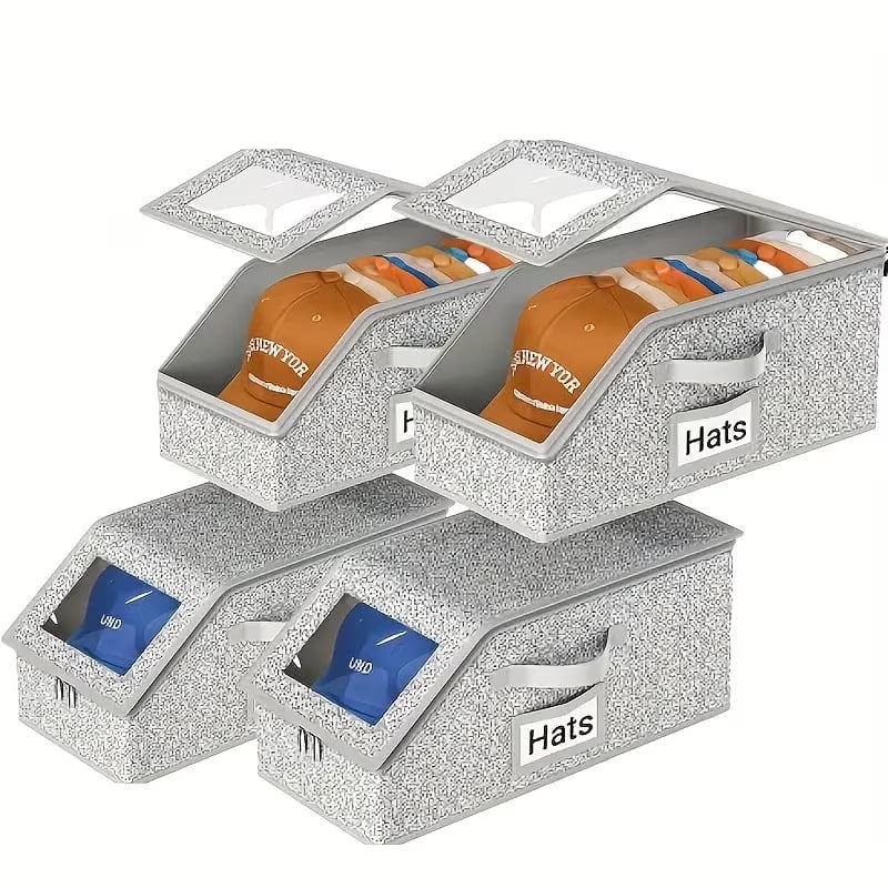 4 PCS Stackable Hat Storage for Baseball Caps Hat Storage Boxes for Closet Holds up to 12 Caps with Cardboard Hat Organizer for Women & Men (Grey) – Stackable Organization with Functional, Easy-Use Details