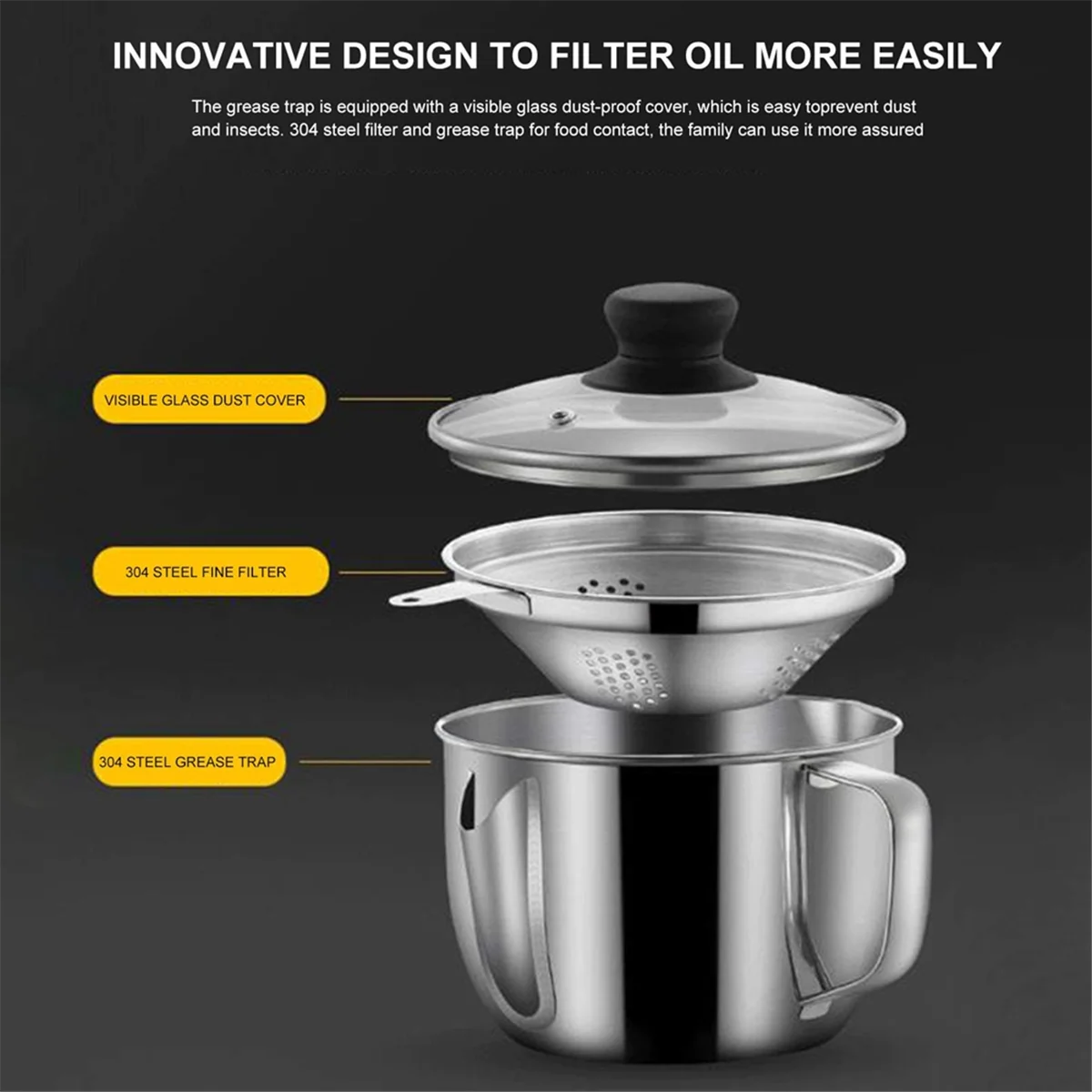 Stainless Steel Fat Separator 1L/4 Cup Gravy Grease with Strainer and Glass Lid Soup Oil Cup – Durable Stainless Steel Construction with Functional, Easy-Use Details