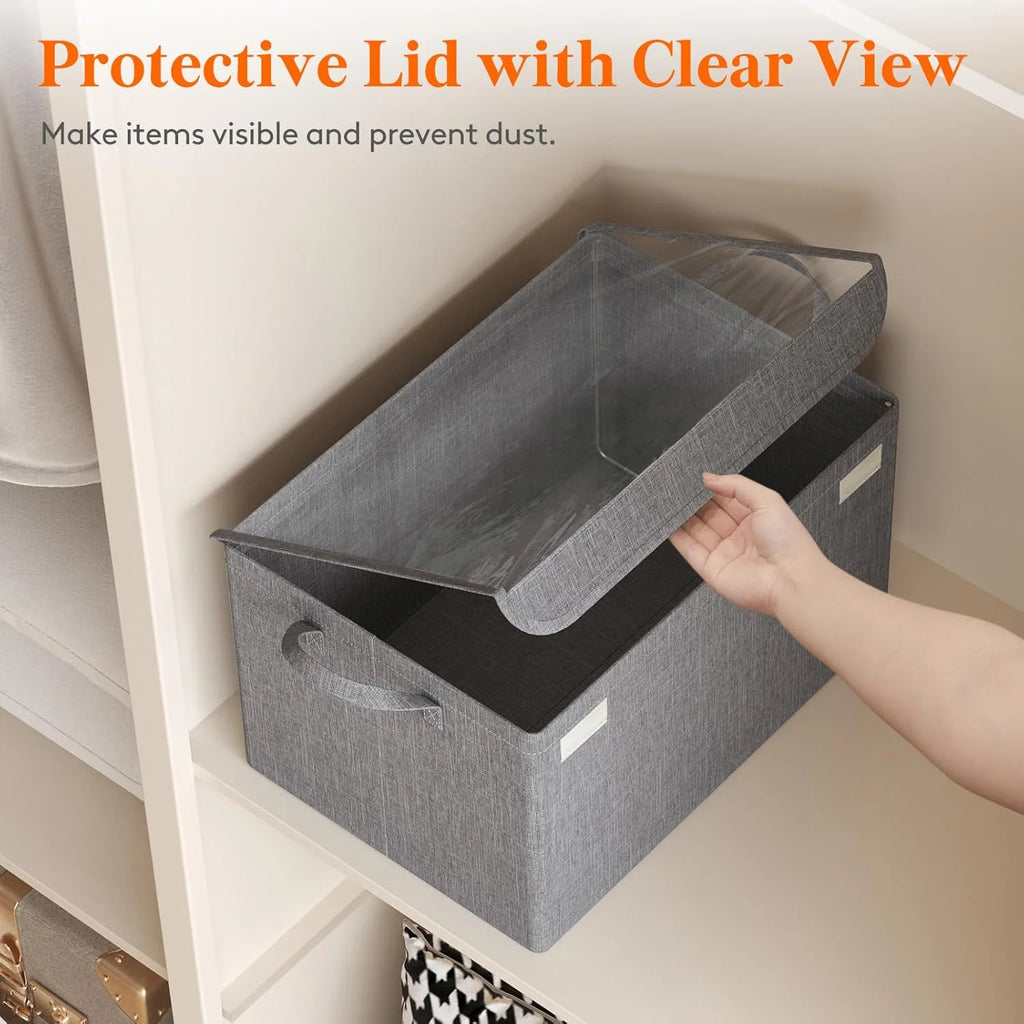 Fabric Storage Boxes 6 Pcs Stackable Storage Bins with Clear Lids Foldable Oxford Cloth Cube Closet Organizer Baskets Clothes Containers for Towels Blankets Books Light Grey-Large – Foldable Space-Saving Design with Functional, Easy-Use Details
