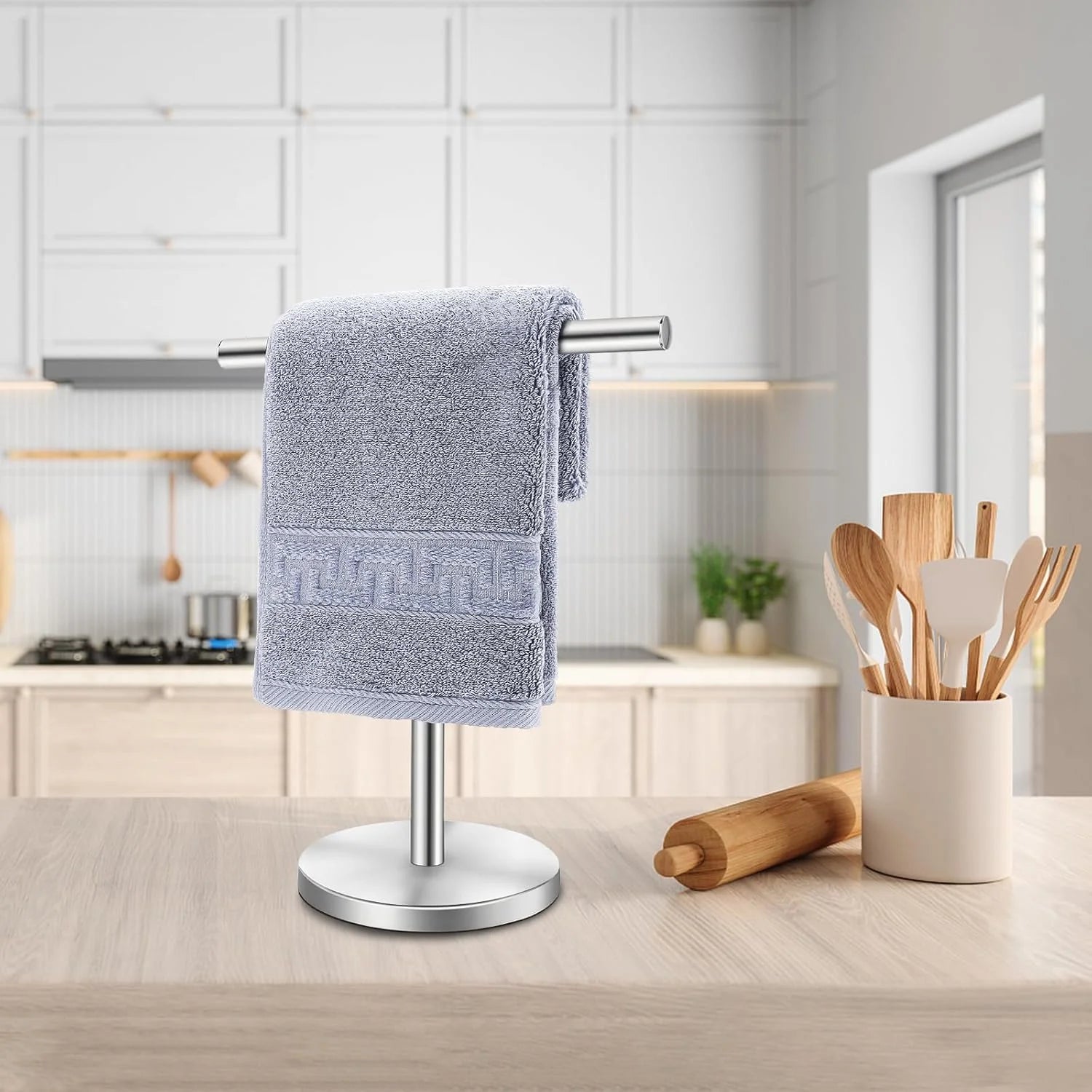 T-Shape Bath Hand Towel Holder Stand Stainless Steel Free Standing Hand Towel Rack with Heavy Base for Bathroom Kitchen & Countertop Silver 2 Pack – Durable Stainless Steel Construction with Functional, Easy-Use Details
