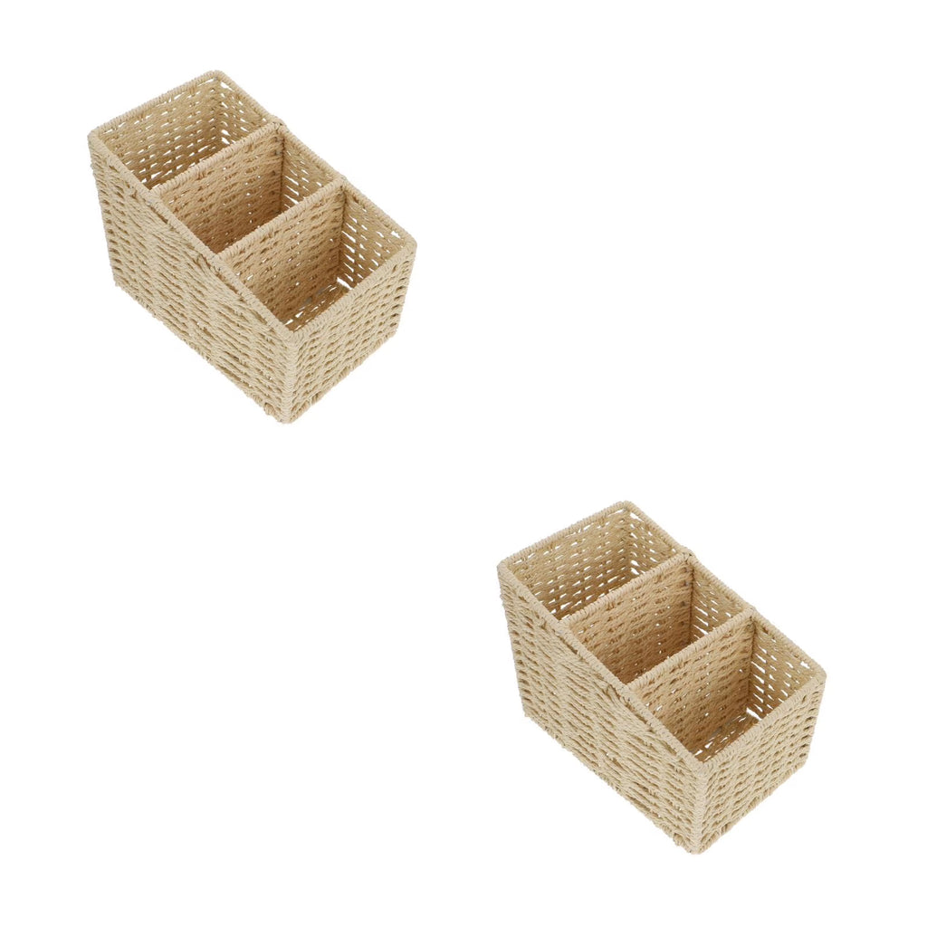 2pcs Woven 3 Compartments Woven Storage Box Bin Makeup Container Cube Organizer Divider for Home Bathroom Bedroom Closet Table Remote Beige – Everyday Household Format with Functional, Easy-Use Details