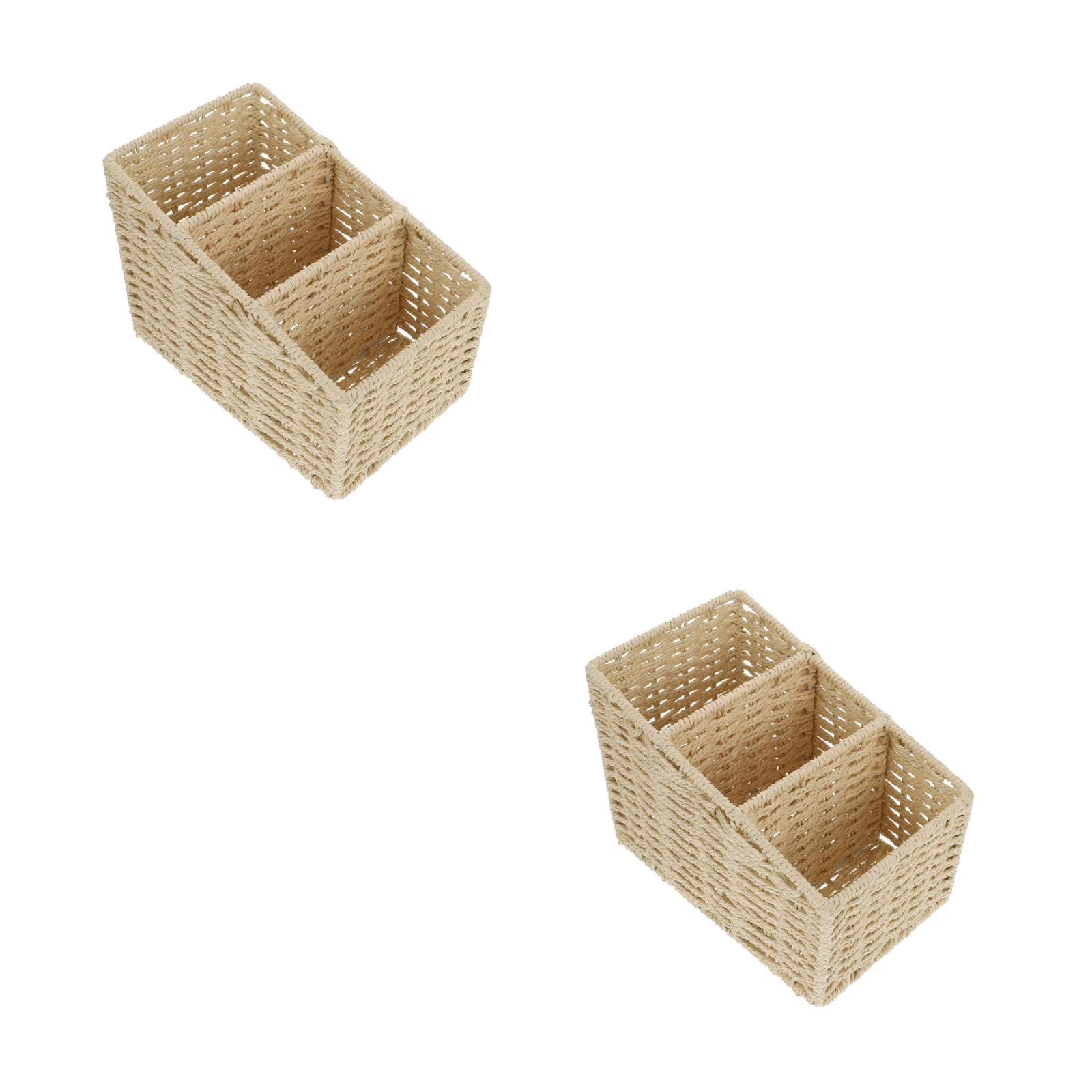 2pcs Woven 3 Compartments Woven Storage Box Bin Makeup Container Cube Organizer Divider for Home Bathroom Bedroom Closet Table Remote Beige – Everyday Household Format with Functional, Easy-Use Details
