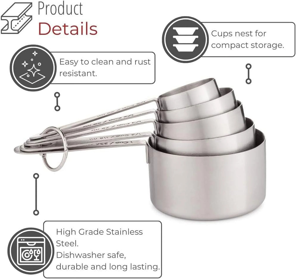 Stainless Steel Measuring Cups Heavy-Duty 5-Piece Set with Storage Ring – Kitchen Measuring Tools – Durable Stainless Steel Construction with Functional, Easy-Use Details