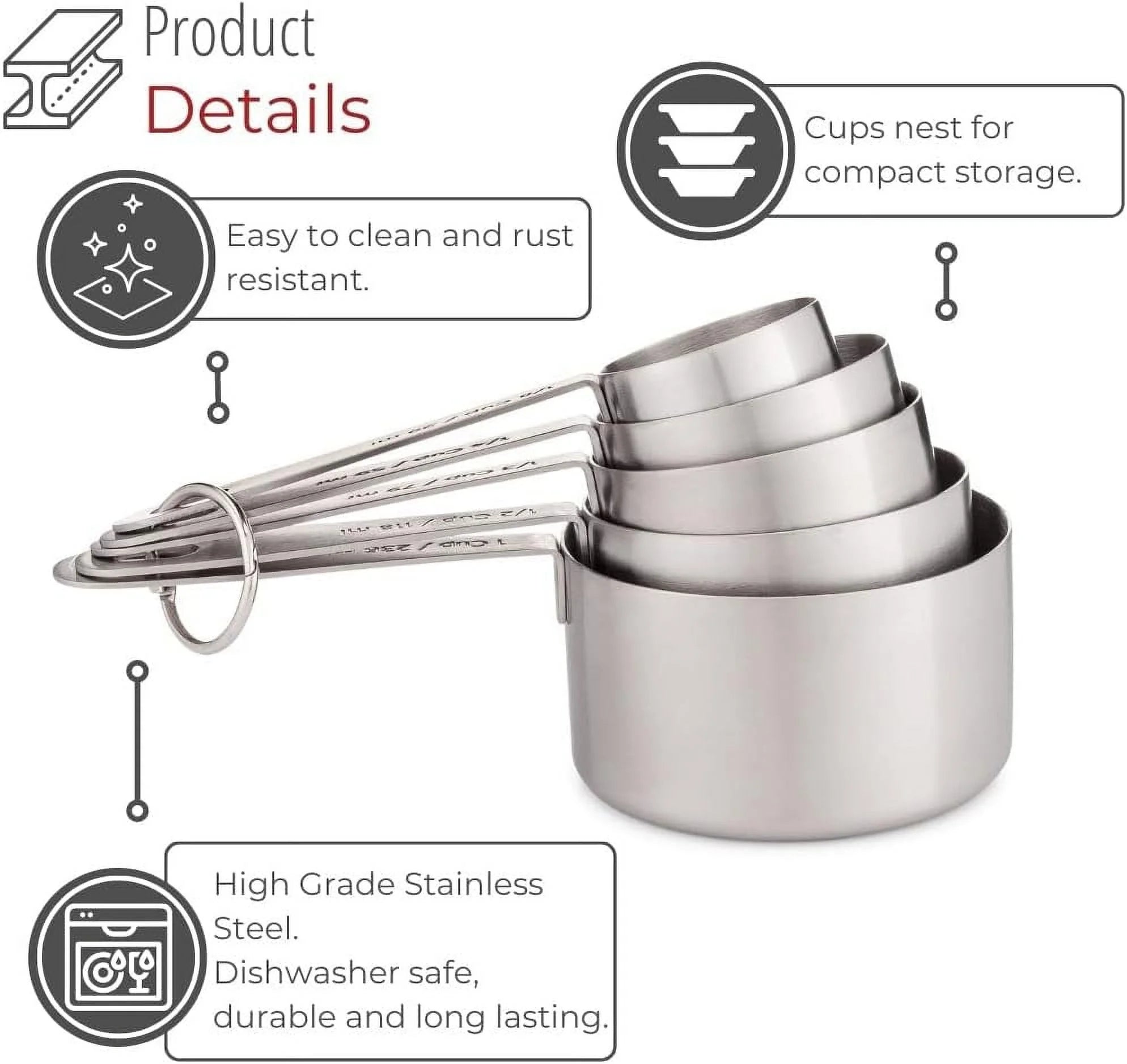Stainless Steel Measuring Cups Heavy-Duty 5-Piece Set with Storage Ring – Kitchen Measuring Tools – Durable Stainless Steel Construction with Functional, Easy-Use Details