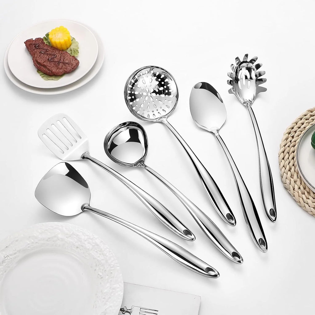 304 Stainless Steel Cooking Utensils Set,6 Pcs Long Metal Kitchen Utensils Set with Spatula Solid Spoon Ladle Skimmer Spaghetti Spoon,Dishwasher Suitable – Durable Stainless Steel Construction with Functional, Easy-Use Details