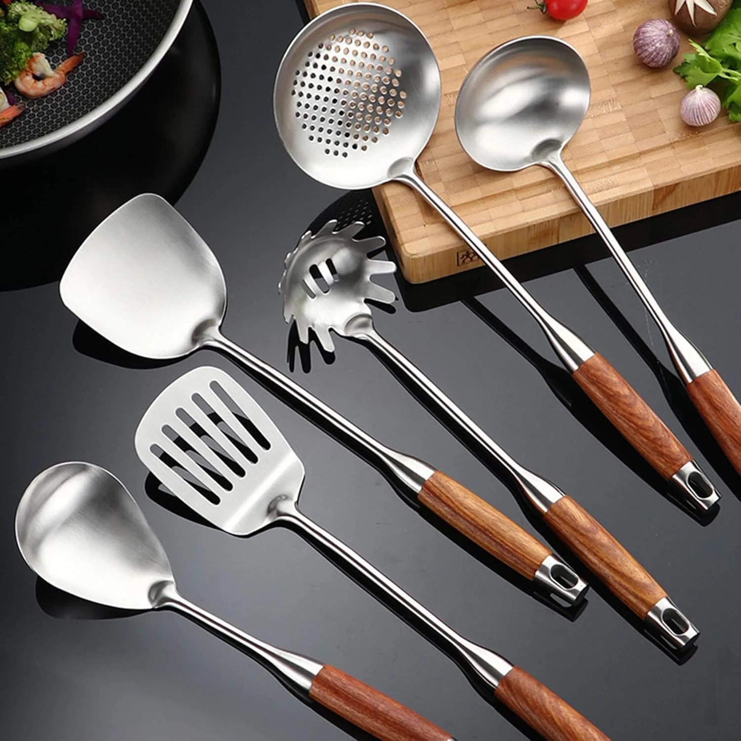 Cooking Utensils Set,7pcs 304 Stainless Steel Kitchen Utensils Set with Holder,Heat Resistant Wooden Handle Kitchen Tools – Convenient Carry Handles with Functional, Easy-Use Details