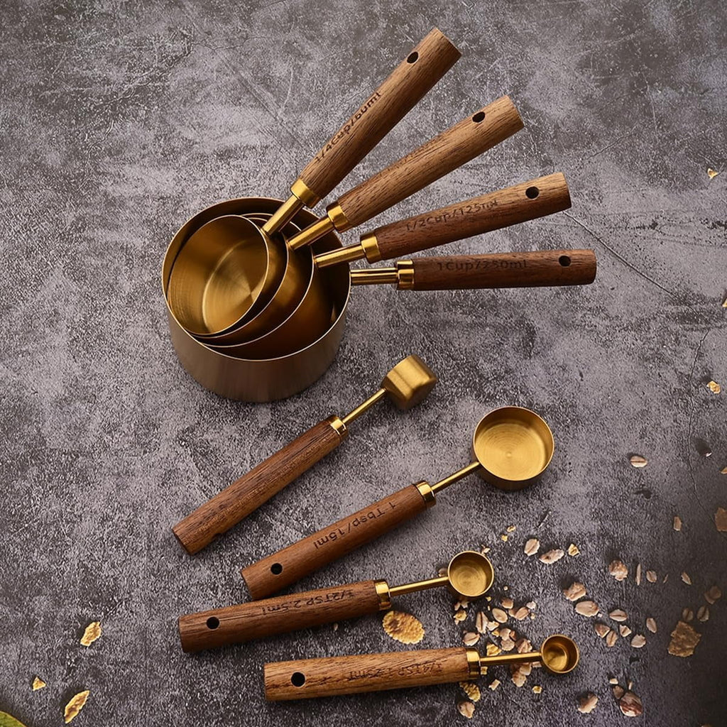8 pieces Golden Measuring Cups Set and Measuring Spoons Set with Scale Wooden Handle Stainless Steel Dry & Liquid Measuring Cup for Cooking Baking – Convenient Carry Handles with Functional, Easy-Use Details