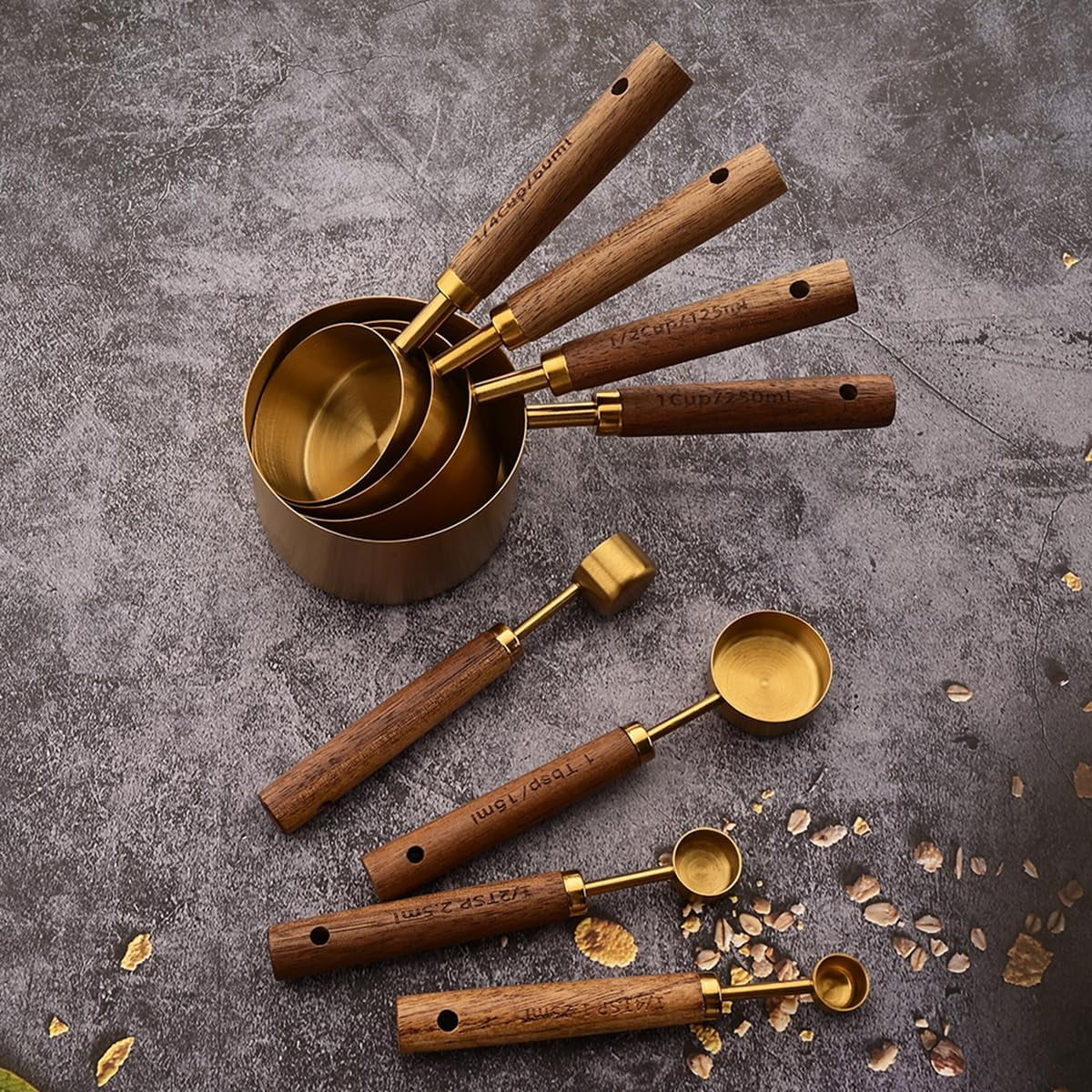 8 pieces Golden Measuring Cups Set and Measuring Spoons Set with Scale Wooden Handle Stainless Steel Dry & Liquid Measuring Cup for Cooking Baking – Convenient Carry Handles with Functional, Easy-Use Details