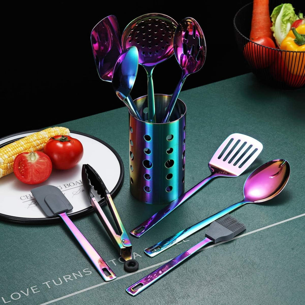 Rainbow Kitchen Utensil Set 13-Piece Stainless Steel Cookware Set Titanium Rainbow Plating Kitchen Tool Set with Cutlery Holder Suitable for Non-stick Cookware Dishwasher Suitable – Durable Stainless Steel Construction with Functional, Easy-Use Details