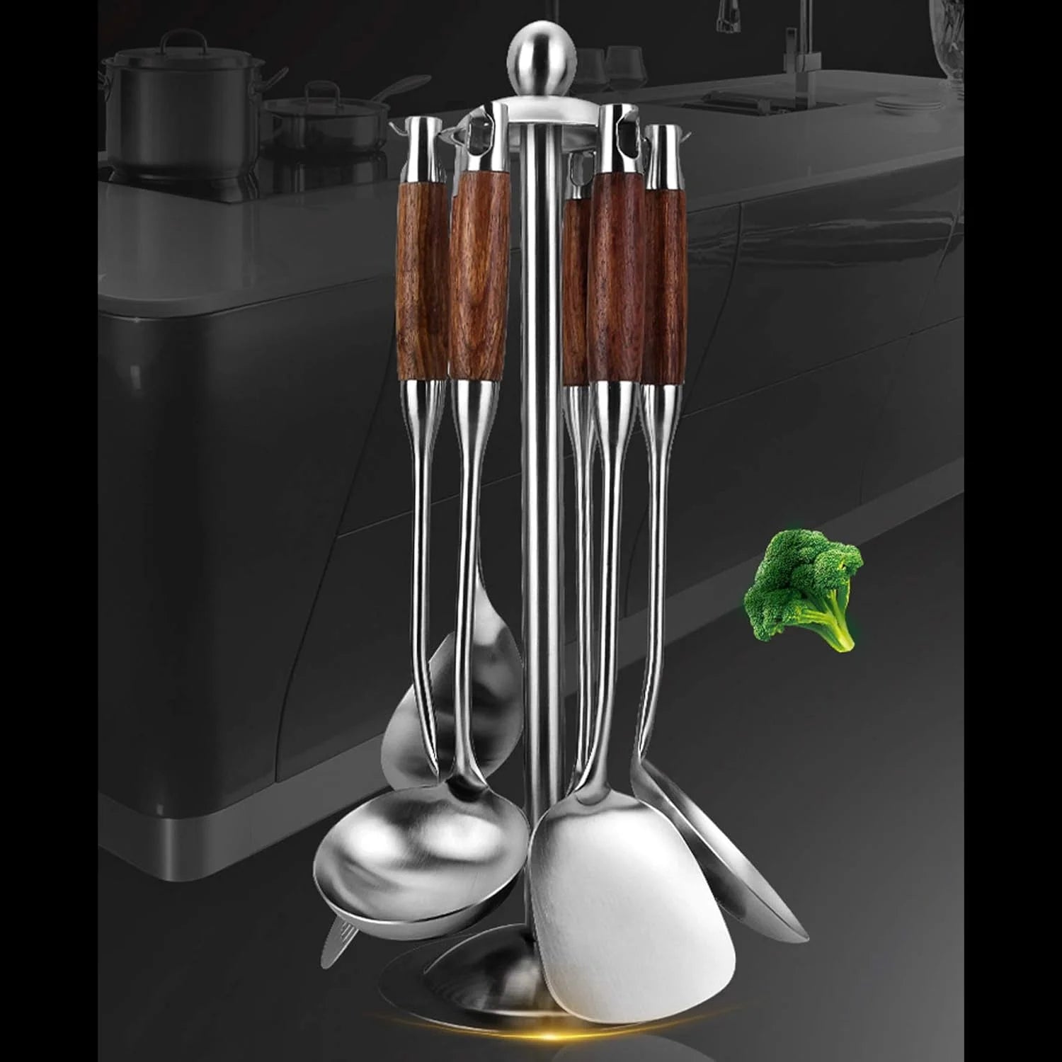 Cooking Utensils Set,7pcs 304 Stainless Steel Kitchen Utensils Set with Holder,Heat Resistant Wooden Handle Kitchen Tools – Convenient Carry Handles with Functional, Easy-Use Details