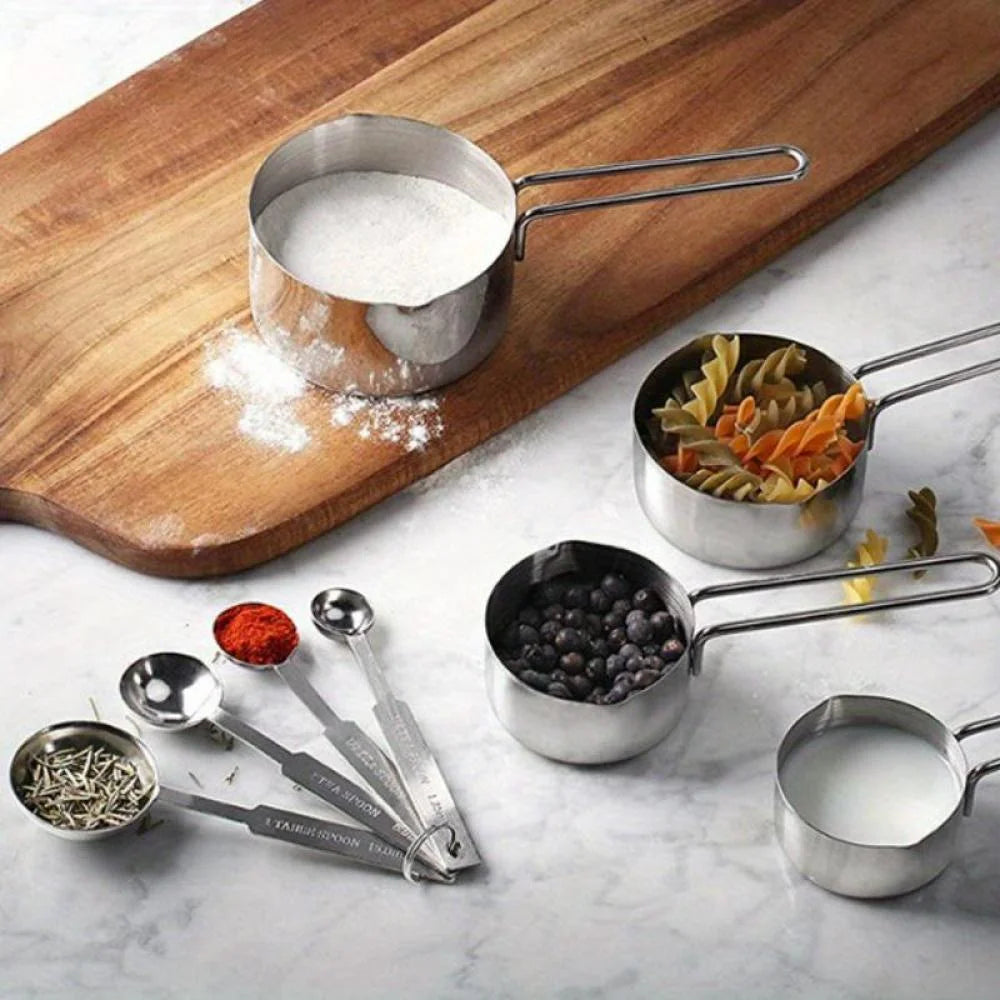 Stainless Steel Measuring Spoons and Measuring Cups Kitchen Tools for Drying and Liquid Ingredients Cooking and Baking Categories Measuring Spoons Measuring Cups Scale Bowls – Durable Stainless Steel Construction with Functional, Easy-Use Details