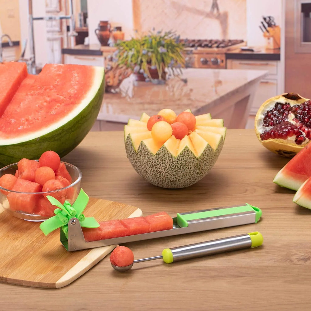 Watermelon Windmill Cutter Slicer Stainless Steel Shape Fruit Tools Quickly Cut Tool Kitchen Gadgets with Melon Scoop – Durable Stainless Steel Construction with Functional, Easy-Use Details