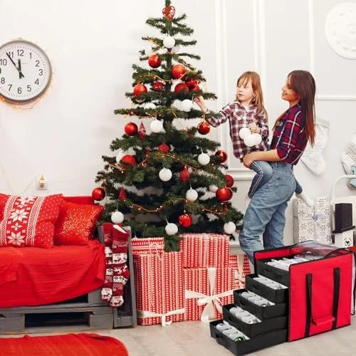 Christmas Ornament Storage Containers -Holds Up to 100 Holiday Ornaments with 5 Removable Trays Large Storage Box with Clear Covered Top & Sturdy Handles – Clear-View Organization with Functional, Easy-Use Details
