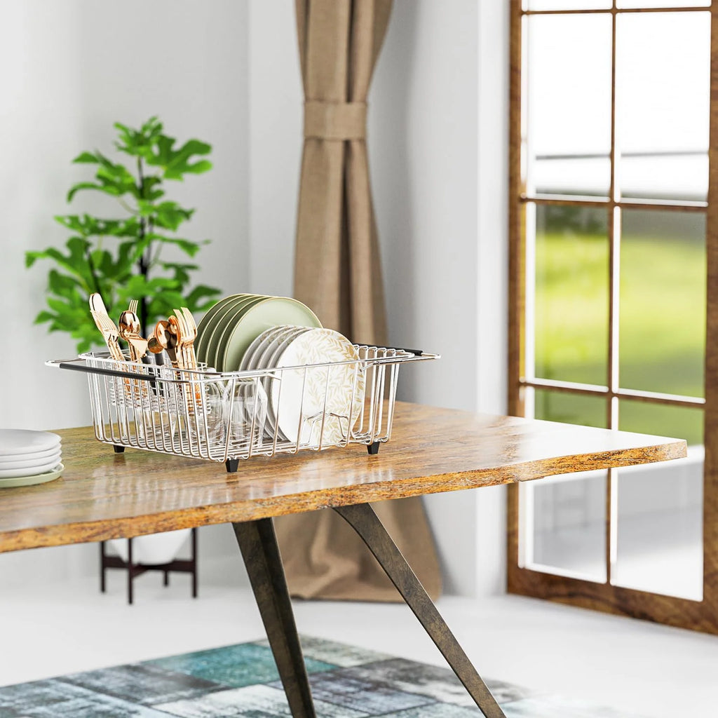 Dish Drying Rack in-Sink 304 Stainless Steel Dish Drainer with Stainless Steel Silverware Holder Over Inside Sink-Adjustable – Durable Stainless Steel Construction with Functional, Easy-Use Details