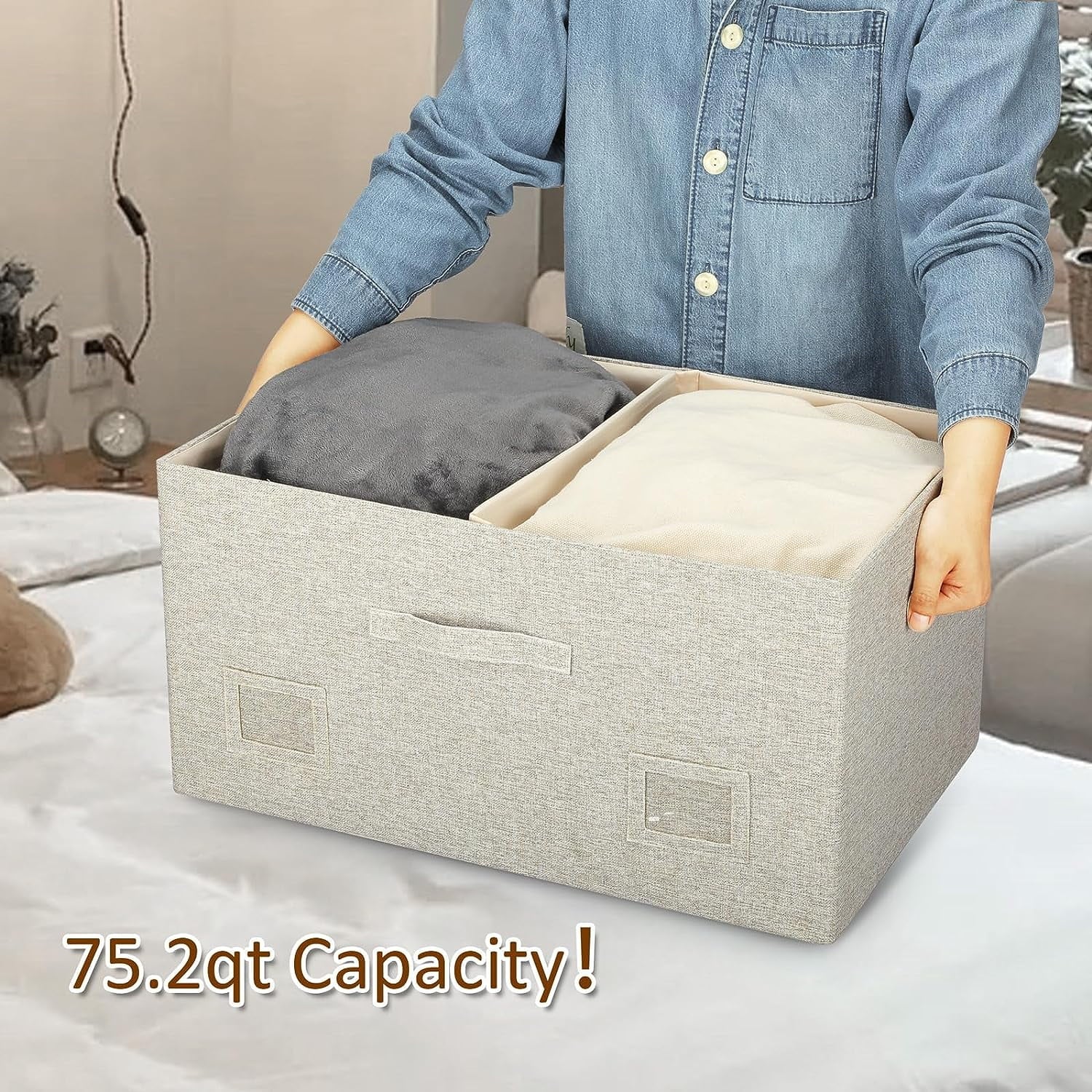 Medium 15" 21 Quart Collapsible Stackable Storage Bins with Lids 5 Packs Beige Foldable Fabric Closet Boxes Heavy-duty Lidded Linen Cube Baskets Container Organizers and Storage – Multiroom Organization Format with Functional, Easy-Use Details
