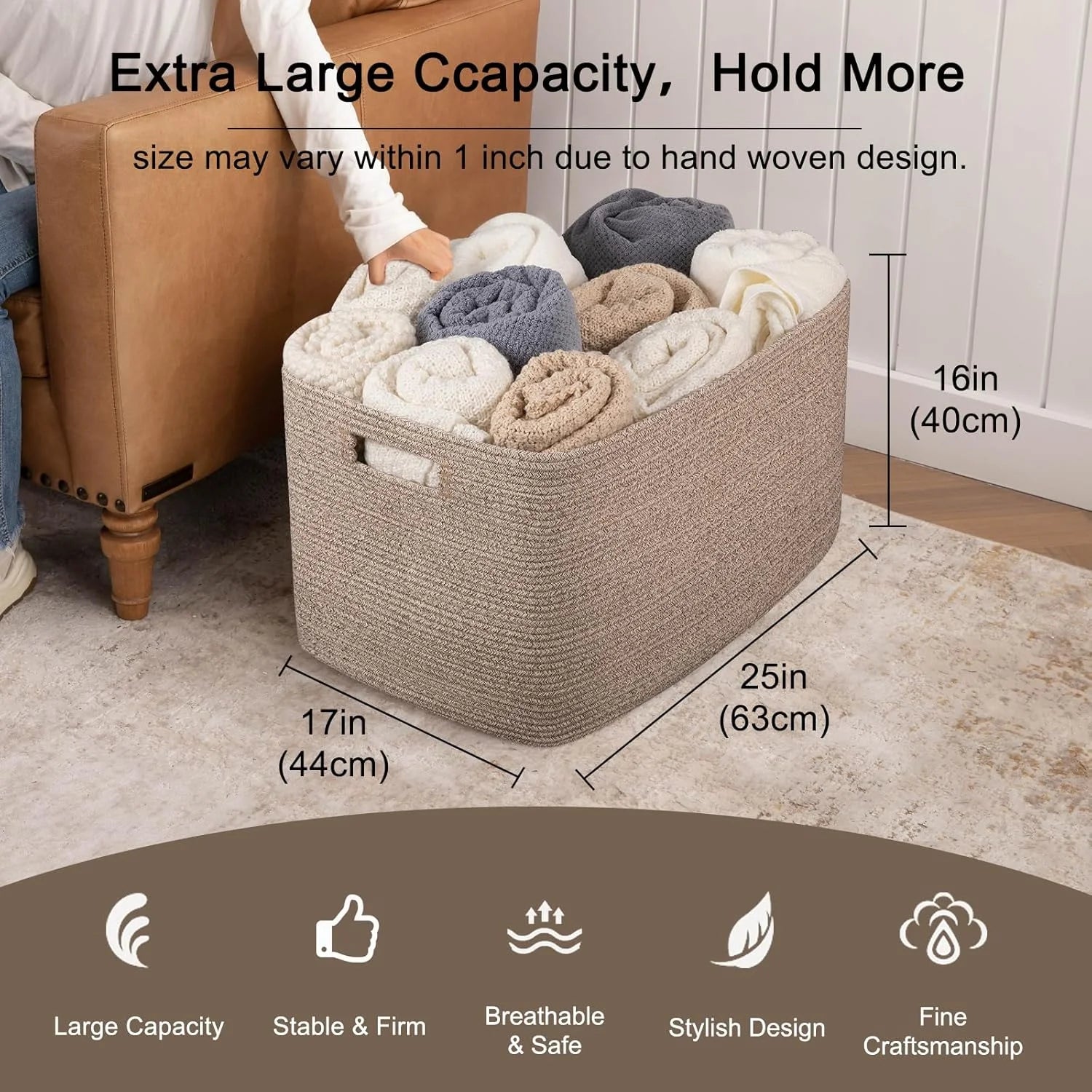 118L XXXLarge Cotton Rope Storage Basket Oversized Blanket Basket Used for Organizing Dirty Clothes in Living Room Bedroom Nursery Dog Toy Storage Bins 25" x 17" x 16",Grey – Practical Home Organization with Functional, Easy-Use Details
