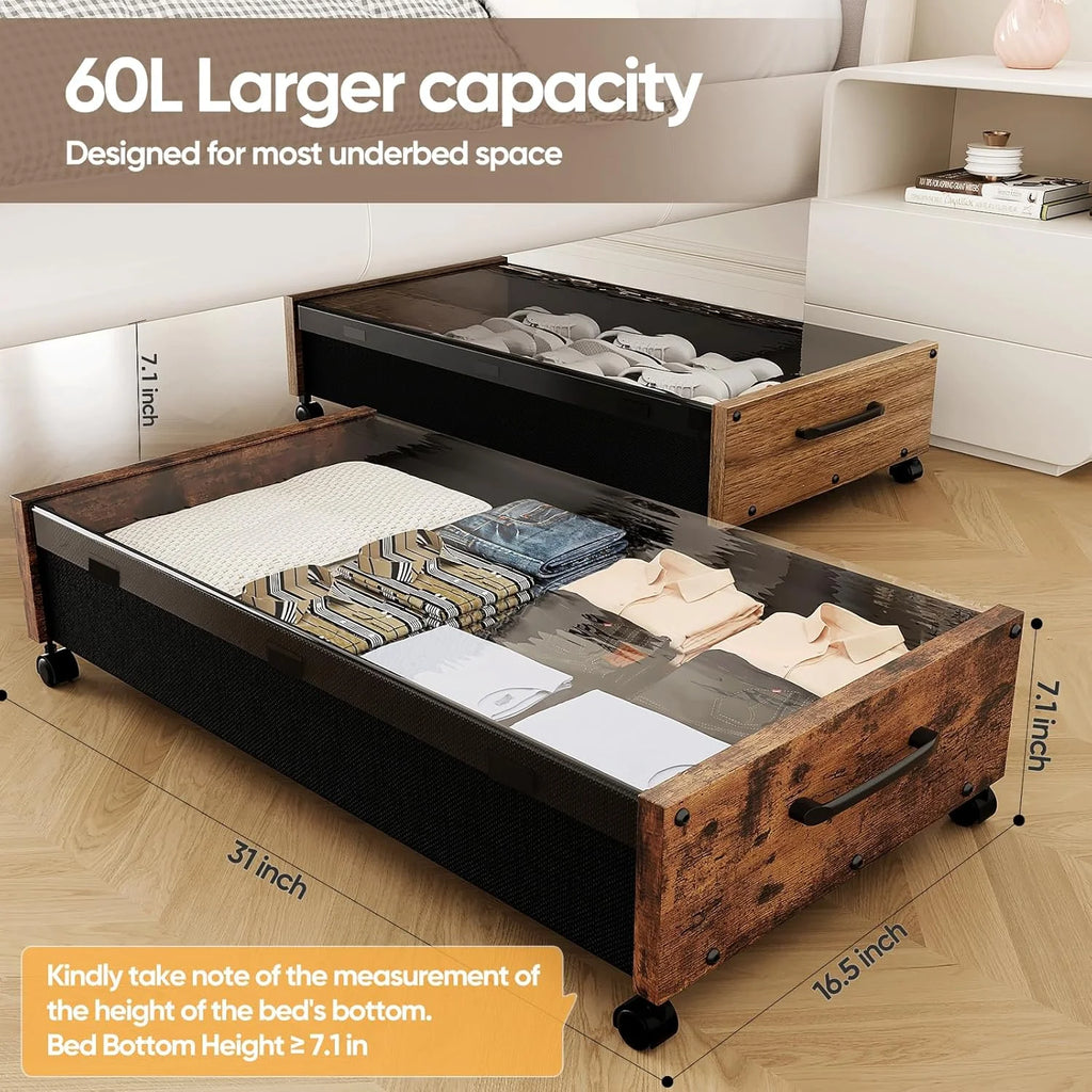 Wooden Under Bed Storage with Wheels Rolling Under the Bed Storage Bins with Removable Lid Metal Under Bed Drawers for Clothes and Shoes in Bedroom or Living Room(Black Wood-2pack) – Easy-Roll Mobility with Functional, Easy-Use Details
