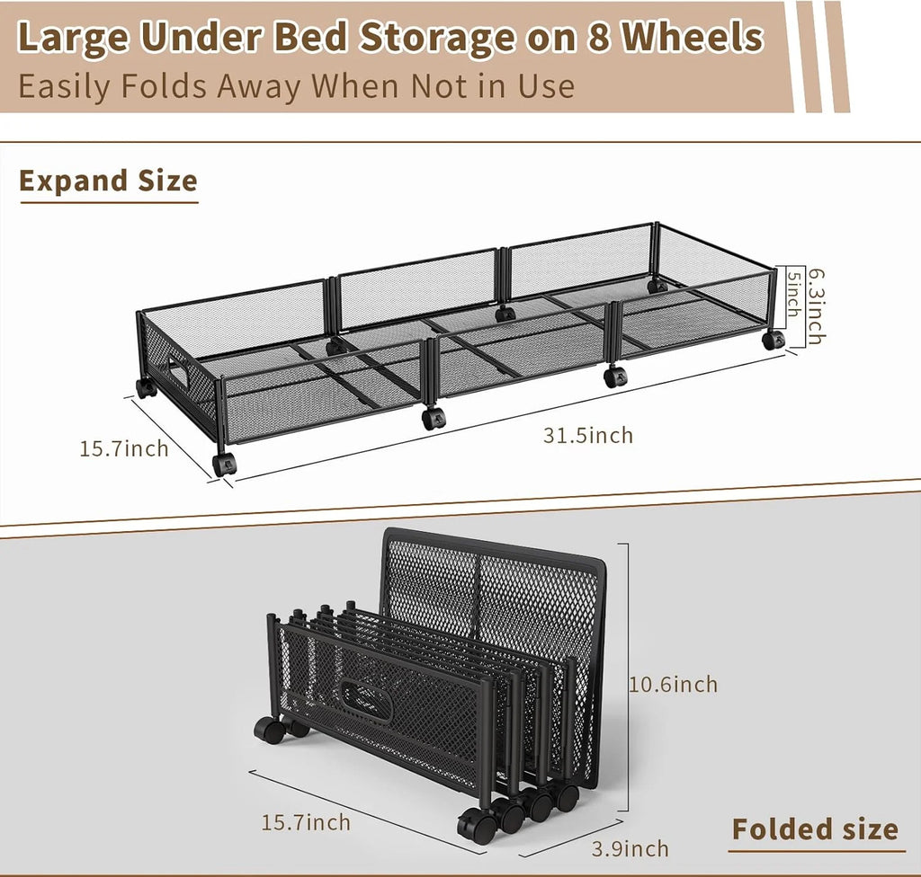 47.2'' Long Under Bed Storage on Wheels 57.6L Large Capacity Rolling Under the Bed Storage Containers Tool-Free Assembly Foldable Underbed Shoes Clothes Toy Drawers – Multiroom Organization Format with Functional, Easy-Use Details