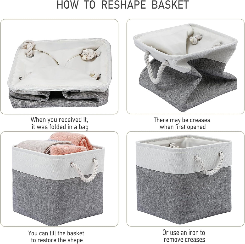 13 x 13 Inch Cube Storage Bins 6 Pack Extra Large Collapsible Fabric Storage Bin with Ropes Foldable Storage Cubes for Home (White & Beige-13"x13"x13") – Foldable Space-Saving Design with Functional, Easy-Use Details