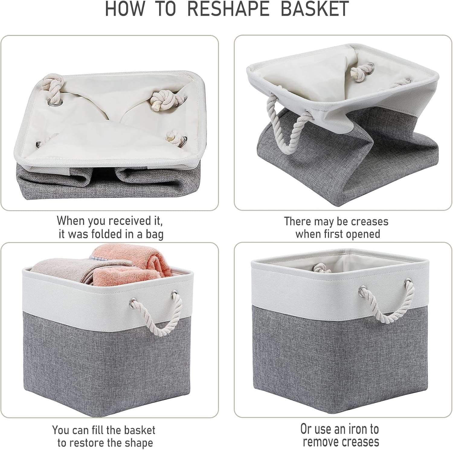 13 x 13 Inch Cube Storage Bins 6 Pack Extra Large Collapsible Fabric Storage Bin with Ropes Foldable Storage Cubes for Home (White & Beige-13"x13"x13") – Foldable Space-Saving Design with Functional, Easy-Use Details