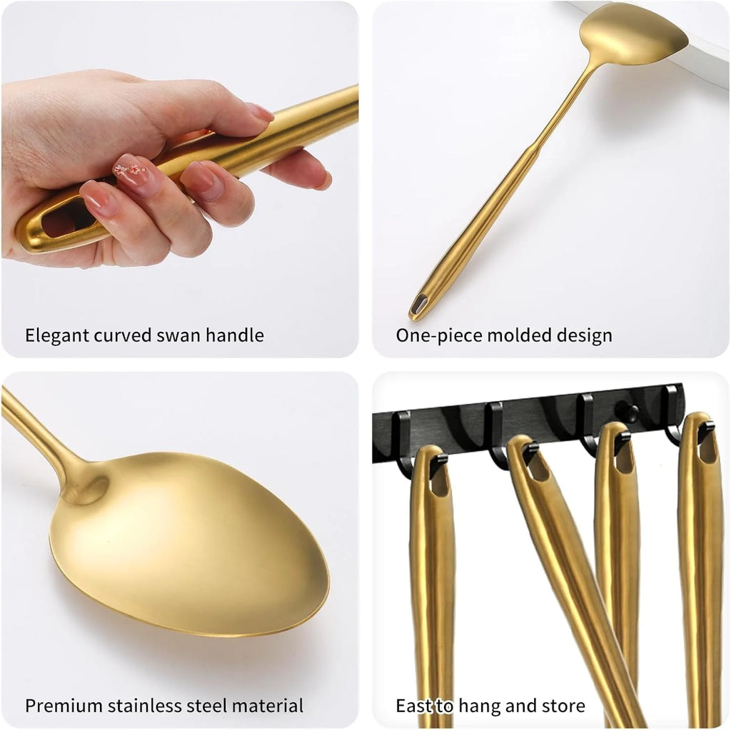 304 Stainless Steel Cooking Utensils,6 Pcs Kitchen Cooking Utensils Set with Spatula Solid Spoon Ladle Skimmer Spaghetti Spoon,Dishwasher Suitable(Gold) – Durable Stainless Steel Construction with Functional, Easy-Use Details