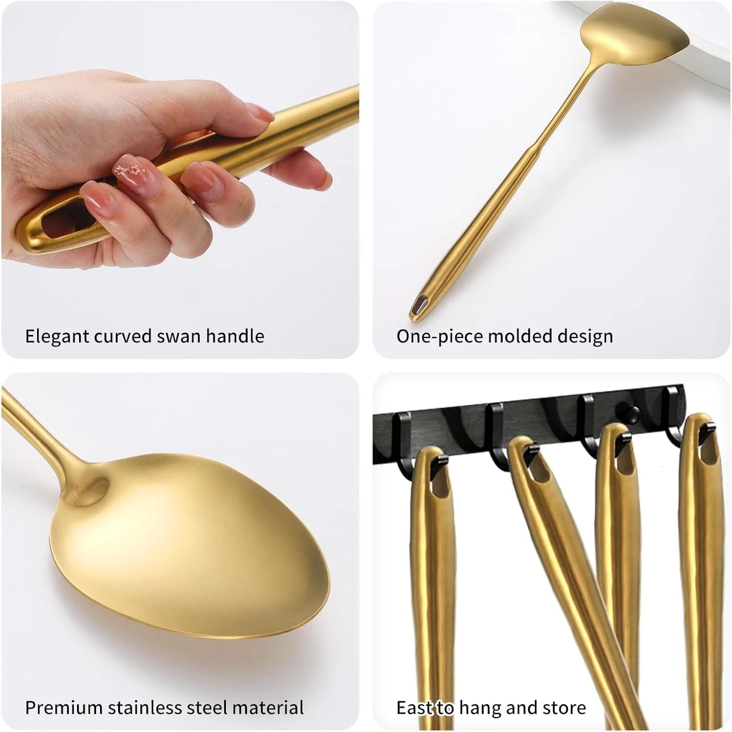 304 Stainless Steel Cooking Utensils,6 Pcs Kitchen Cooking Utensils Set with Spatula Solid Spoon Ladle Skimmer Spaghetti Spoon,Dishwasher Suitable(Gold) – Durable Stainless Steel Construction with Functional, Easy-Use Details