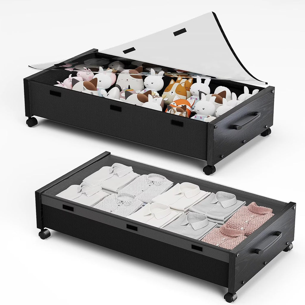 Wooden Under Bed Storage with Wheels Rolling Under the Bed Storage Bins with Removable Lid Metal Under Bed Drawers for Clothes and Shoes in Bedroom or Living Room(Black Wood-2pack) – Easy-Roll Mobility with Functional, Easy-Use Details