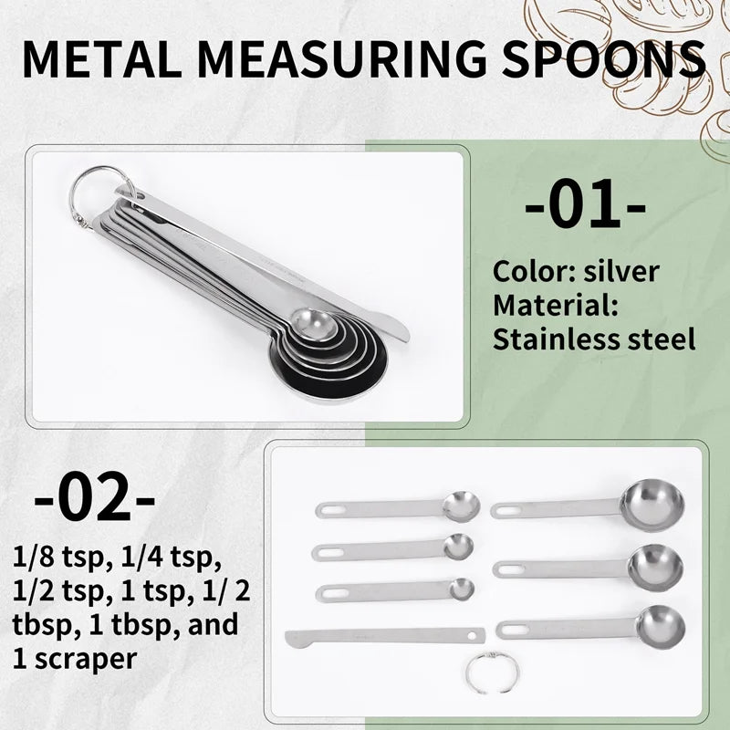 Stainless Steel Measuring Spoons Cups Set Small Tablespoon Teaspoons Set 6 with Bonus C4662 – Durable Stainless Steel Construction with Functional, Easy-Use Details