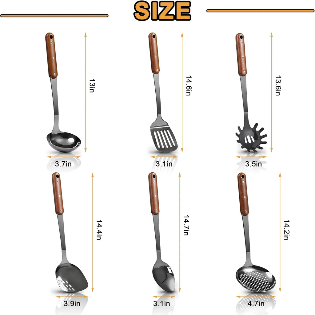 Stainless Steel Cooking Utensils Set Mirror Polished 6 Pieces Kitchen Utensils Set Kitchen Tools Set With Wooden Handle Non-Stick Heat Resistant,Dishwasher Suitable Easy to Clean – Convenient Carry Handles with Functional, Easy-Use Details